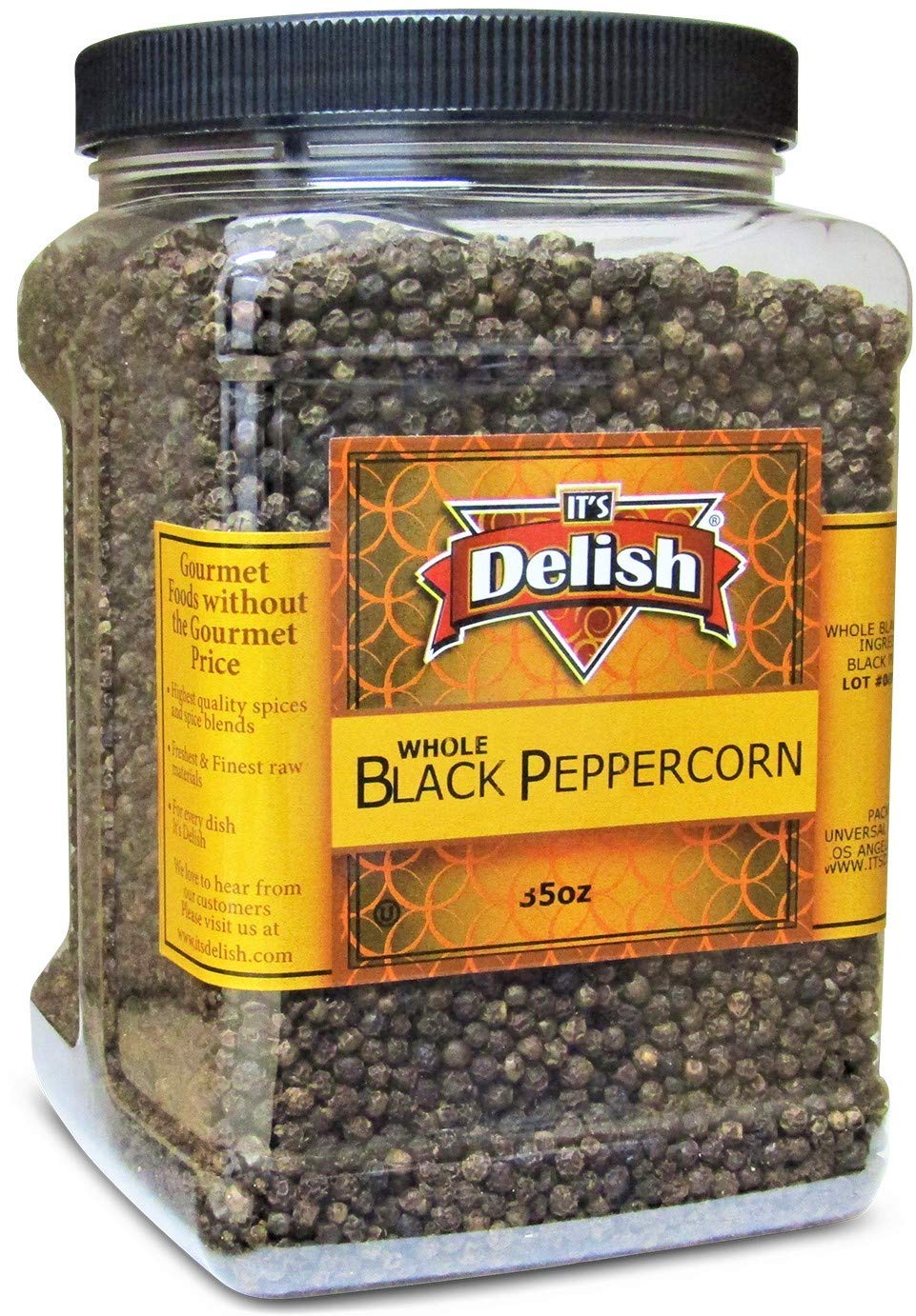 Whole Black Peppercorns by It's Delish – 35 OZ Jumbo Reusable Container – Whole Black Pepper - Premium Dried Peppercorns for Grinder Refill – All Natural, Kosher & Fresh