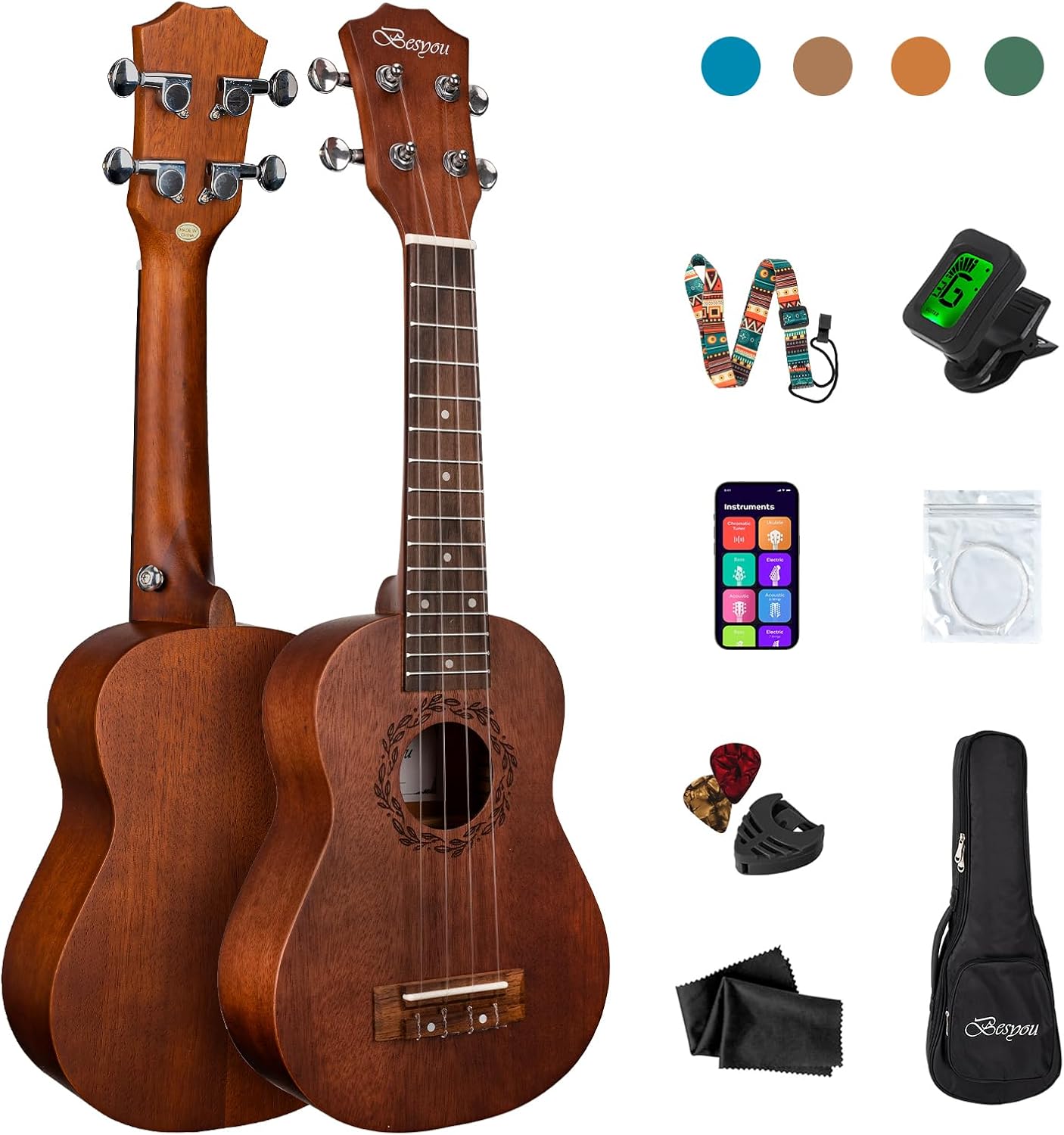 21 Inches Ukulele Beginner Kids Adult Student Travel Wooden Soprano Mahogany Ukelele Kits with Tuner Gig Bag Strap Carbon Nylon String Picks Cloth Gift Choice (Brown)