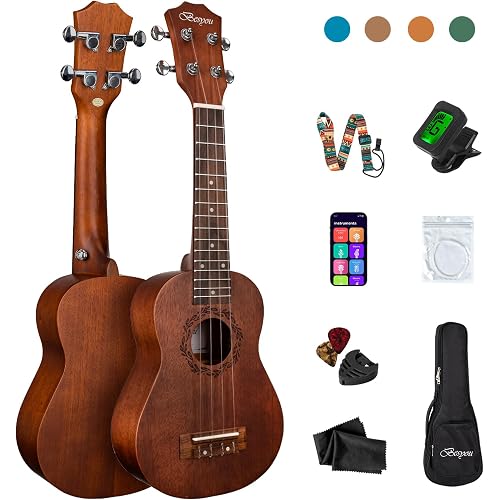 21 Inches Ukulele Beginner Kids Adult Student Travel Wooden Soprano Mahogany Ukelele Kits with Tuner Gig Bag Strap Carbon Nylon String Picks Cloth Gift Choice (Brown)