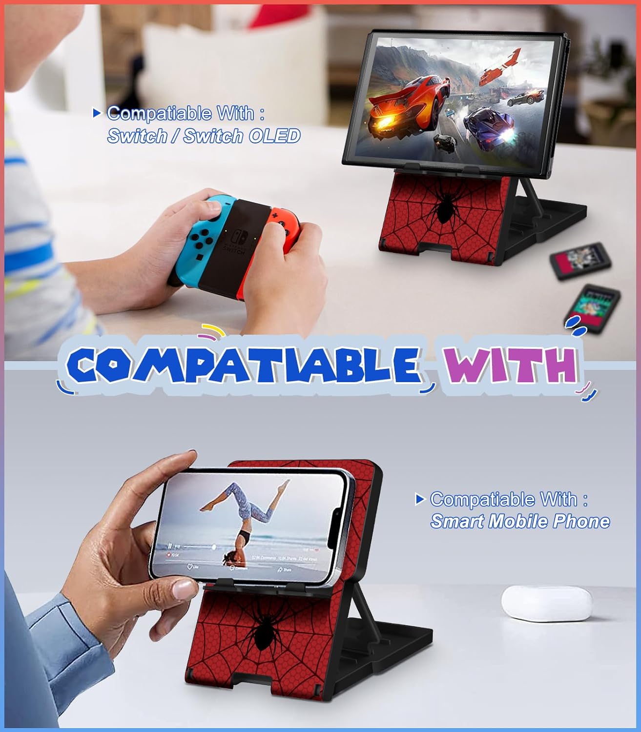 Switch Stand for Nintendo Switch/OLED - Cute Holder for Women Girls Boys Kids Teens Cartoon Design Cool Phone Stand Adjustable Portable Foldable Switch Accessories, Black Red - Image 4