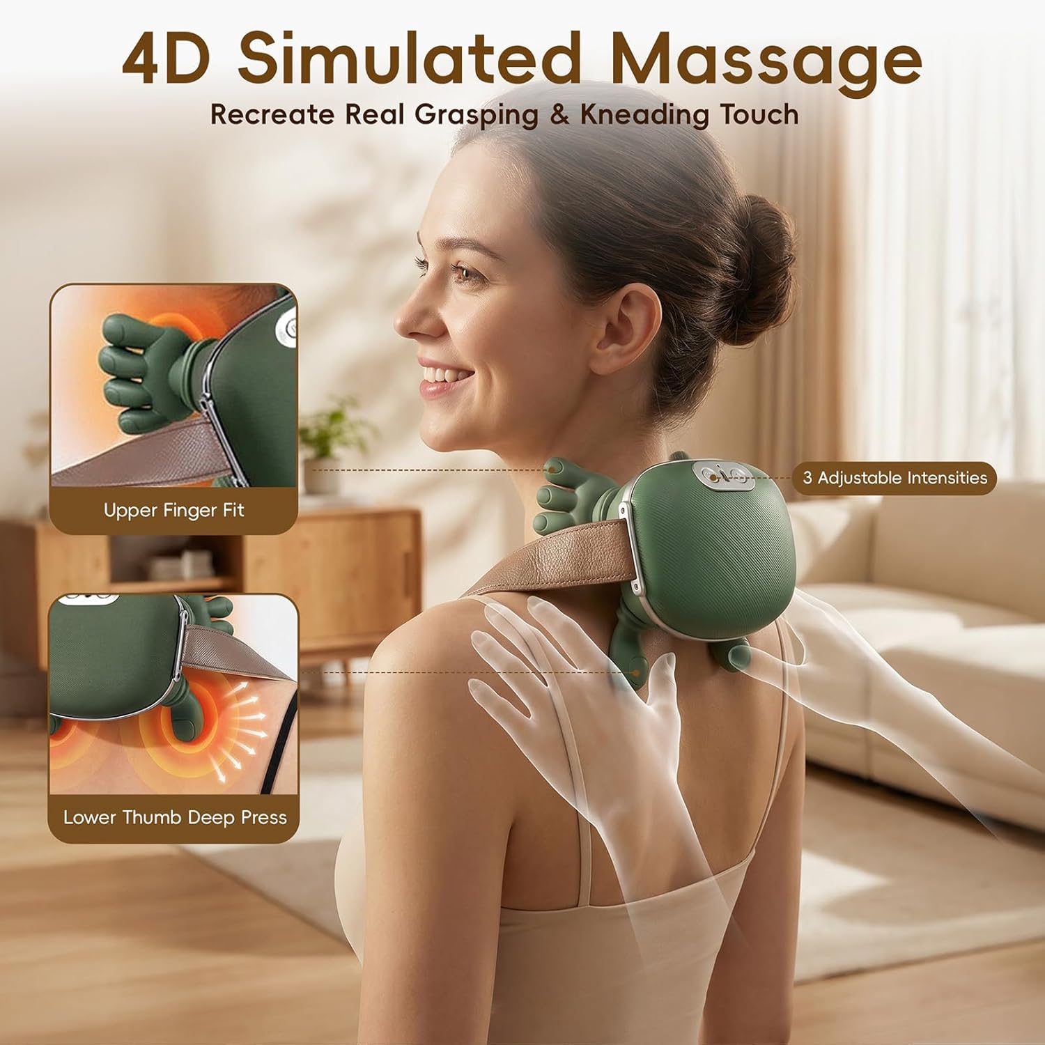 Shoulder and Neck Massager with Heat, 4D Deep Tissue Massage with Finger Pressure for Back, Neck & Shoulder, Portable Compact Design to Relieve Muscle Fatigue and Stiffness, Green