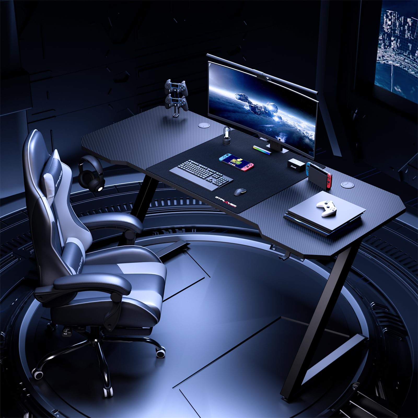 GTPLAYER Bureau Gaming 120 x 60 cm, Bureau Gamer avec Tapis de Souris, Table Gaming PC en Fibre de Carbone avec Crochet pour Casque