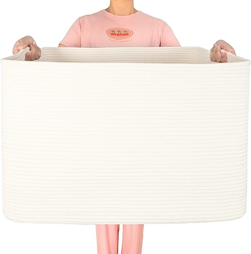 Miniatura 8 de MINTWOOD Design 112L Cesta Extra Grande para Mantas para Sala de Estar, 25"x17"x16" Canasta de Almacenamiento de Cuerda Tejida Rectangular con Asas