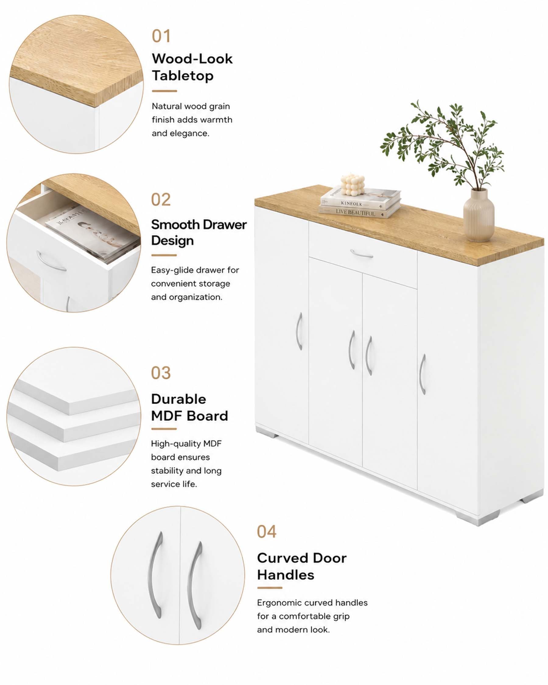 Credenza Cucina Bianca con Piano di Lavoro 110 x 30 x 70 cm Mobile Cucina Salvaspazio con Cassetto e 4 Ante Dispensa Cucina Madia Soggiorno Sala da Pranzo Moderna