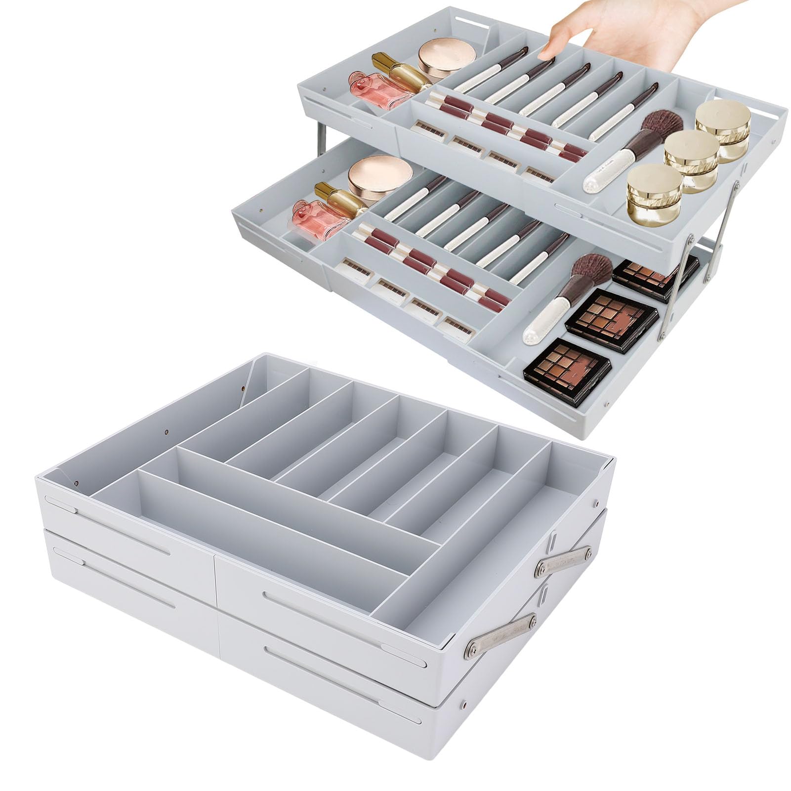 Organizadores de Cajones,Bandejas Plegables para Organizar Maquillaje,organizador de escritorio extensible de varios niveles,Adecuado para el hogar y la oficina(gris)