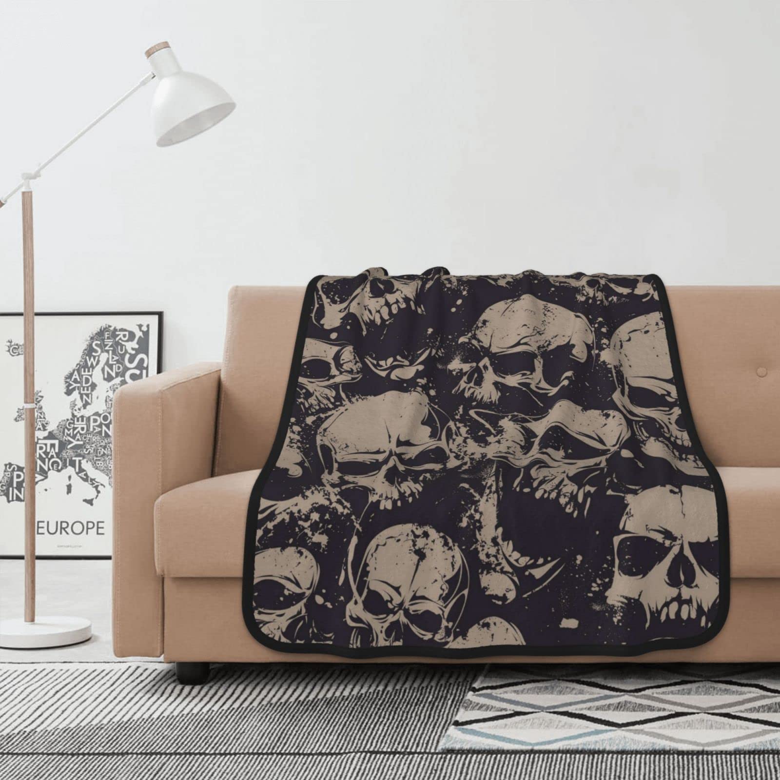 Couverture crânes en flanelle double face chaude pour lit