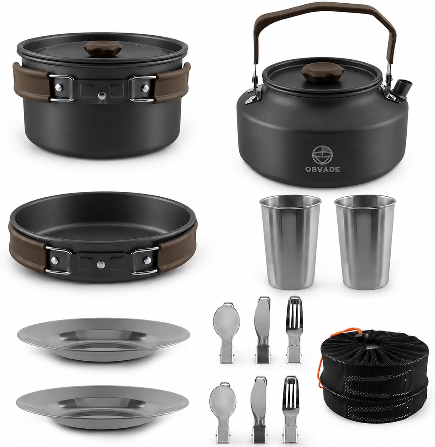 Camping Cooking Set 17-Piece with Kettle,Non-Stick Camping Cookware-Lightweight Backpacking Pots and Pans, Travel Hiking Pan Kit for Outdoor, RV Camp Cook Set, Mesh Bag Included