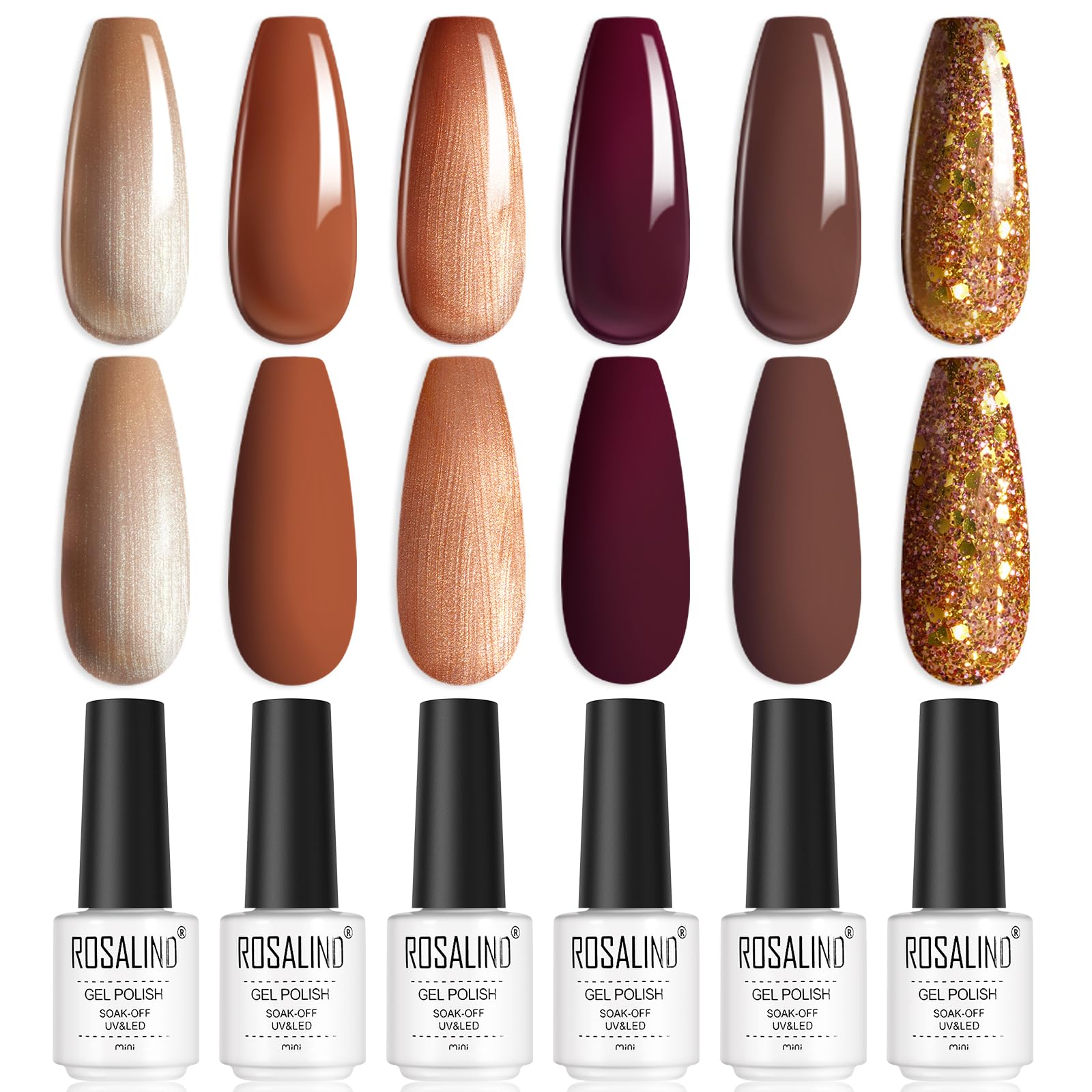 ROSALIND Esmaltes Semipermanentes Para Uñas en Gel UV LED, 6 Colores Otoño Marrón Rojo Marrón Color Café Albaricoque Glitter Pintauñas Semipermanentes Para Principiantes Manicura