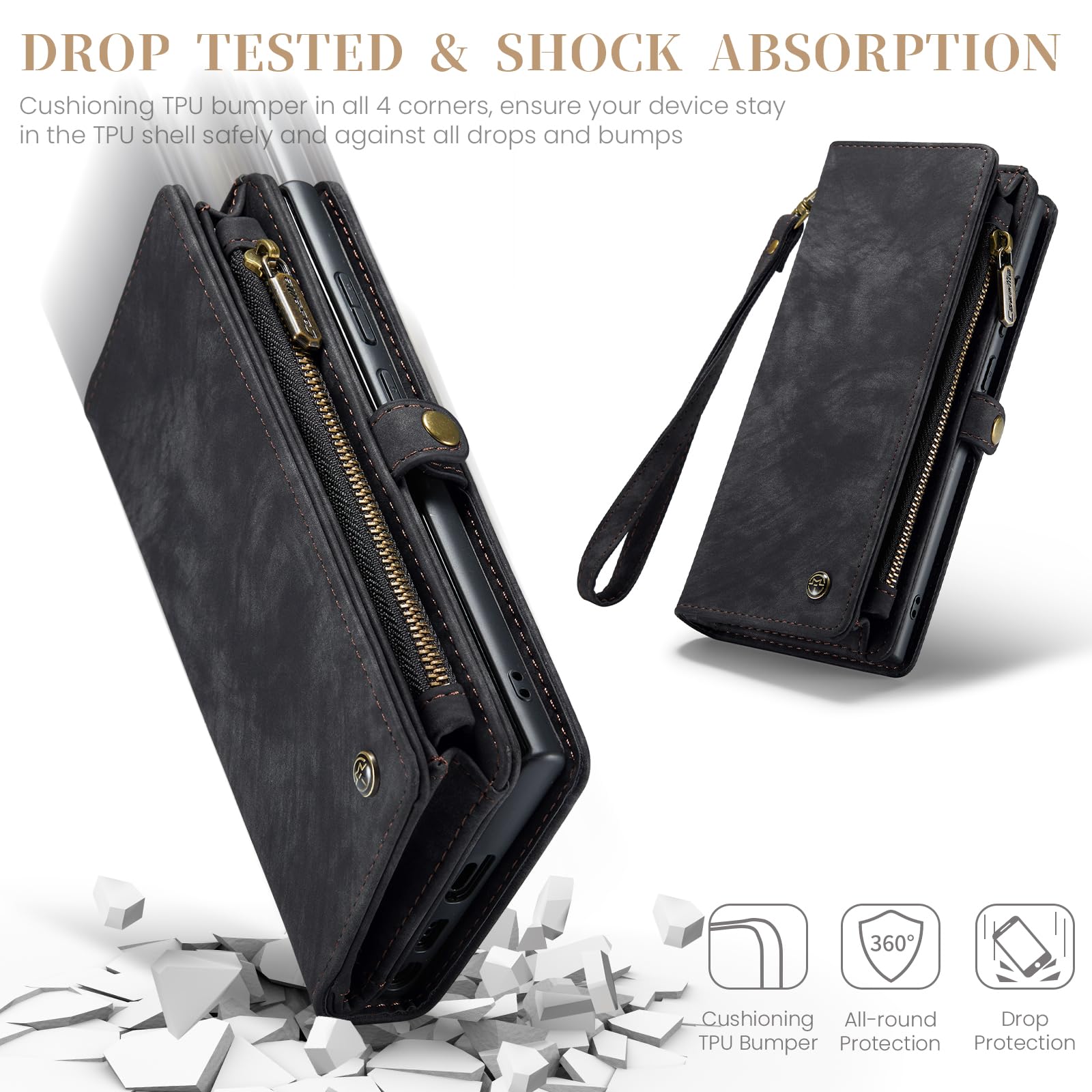 Etui do Samsung S24 Ultra, odporne na wstrząsy, etui na karty, otwierane, magnetyczne, odpinane, przegródki na zamek błyskawiczny, portfel, etui do Samsung Galaxy S24 Ultra 5G, odporne na