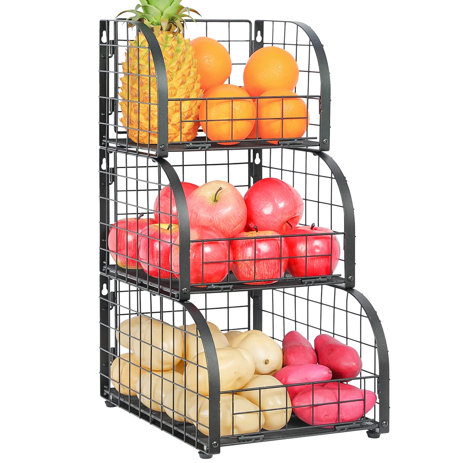 JKsmart XL 3 Tier Fruit and Vegetable Basket Stackable Countertop Organizer for Potato Onion Storage Wall-mounted Kitchen Wire Storage Baskets Stand Bins for Pantry Cabinet For Snack Produce,Black