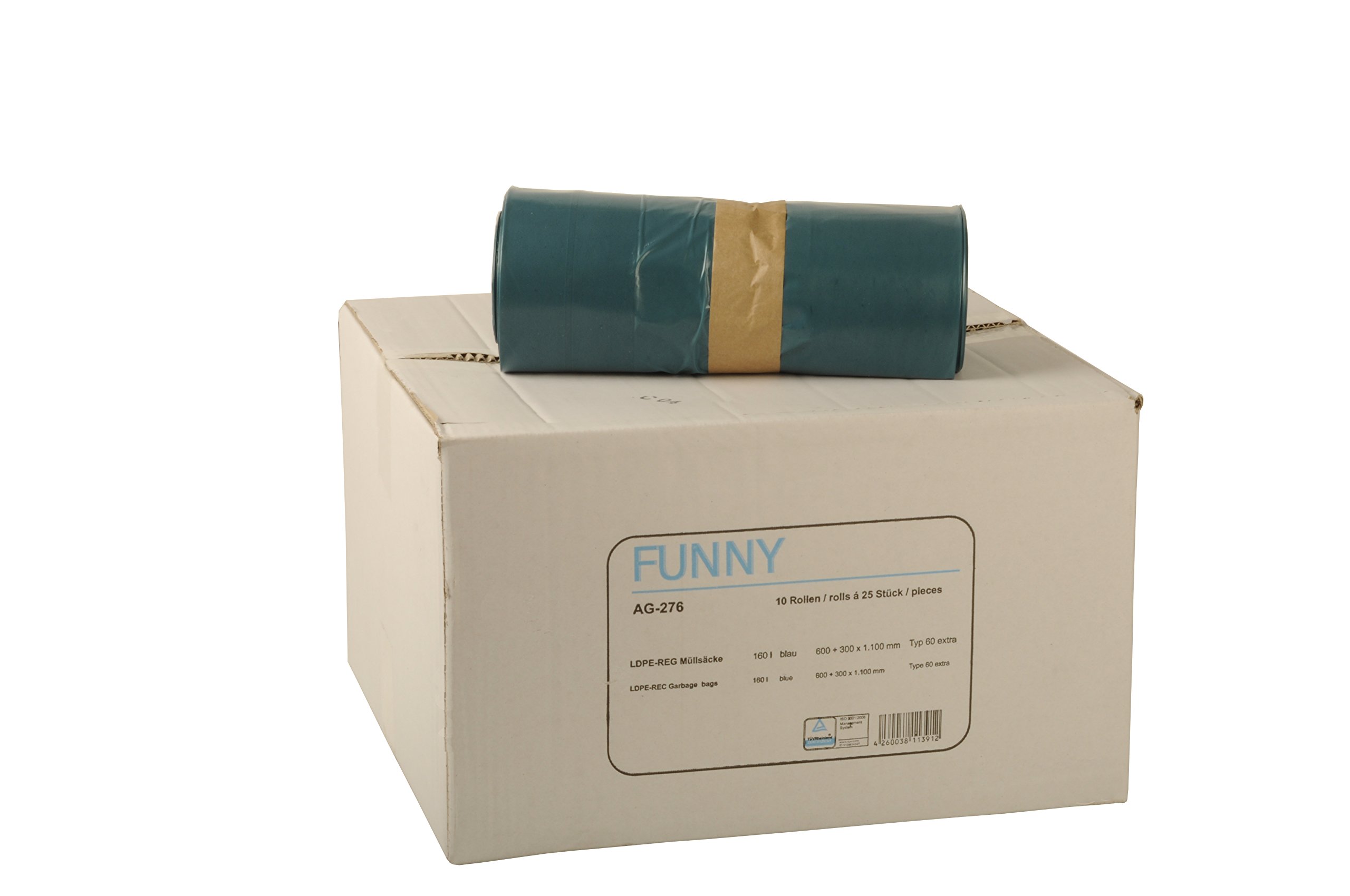 Funny LDPE-Regenerat Müllsäcke, blau, gerollt, Typ 60, 1er Pack (1 x 250 Stück)