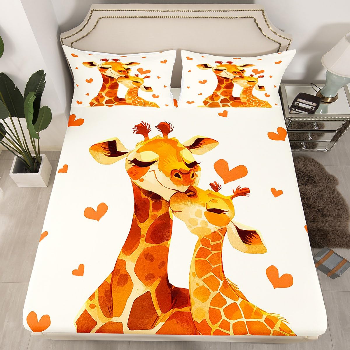 Manfei Girafft Kids Fitted Sheet King Size, Giraffe Couple Orange Hearts Bed Cover with 2 Pillowcases, Cartoon Animal Theme Bedding Set for Boys Girls Bedroom Decor, Soft Polyester Bedding