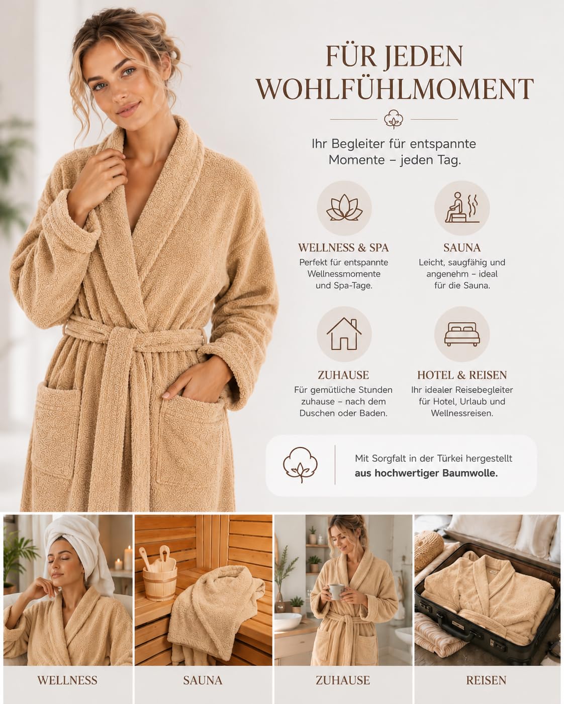 ELY PARKER Albornoz para mujer de rizo, cuello chal, algodón