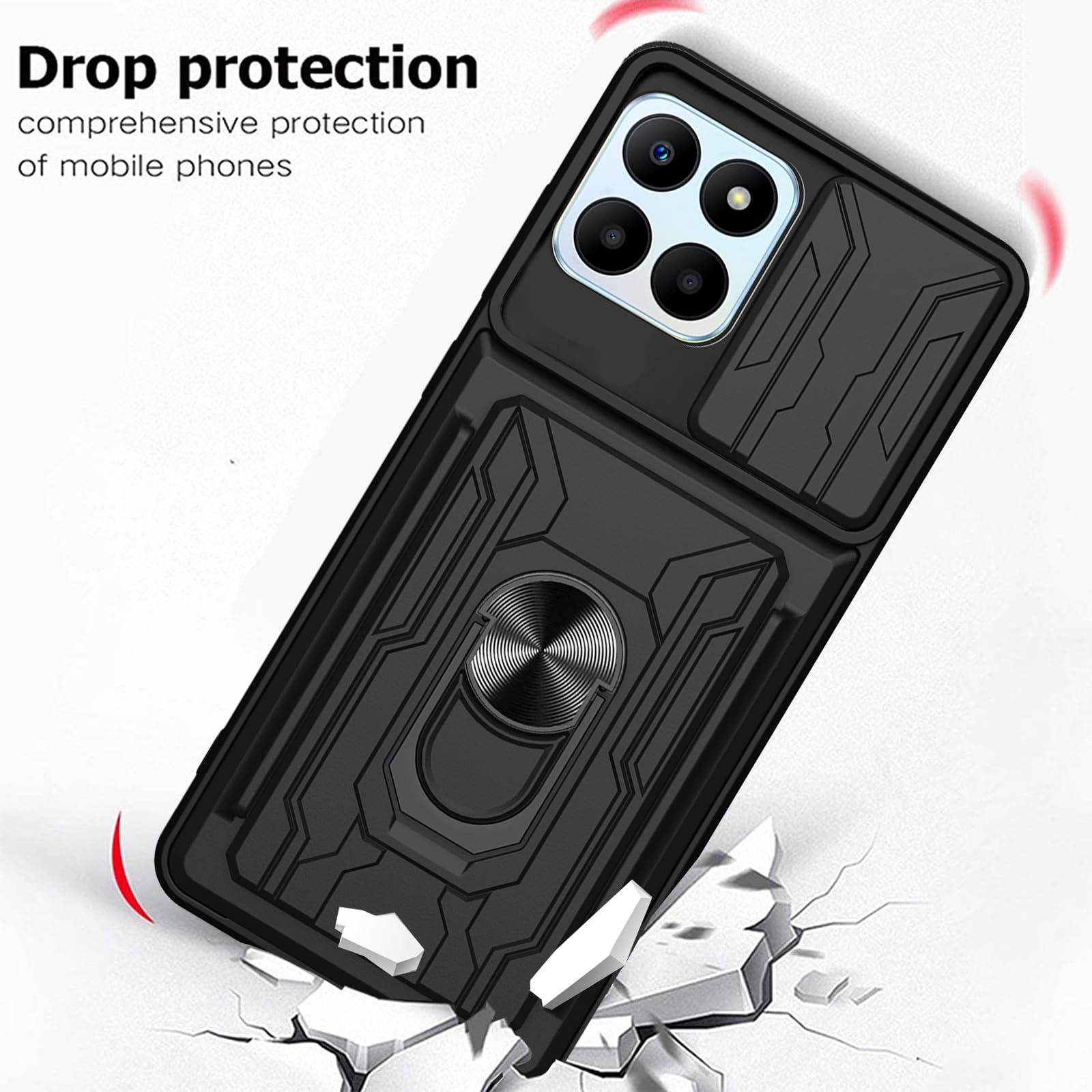 Cover Protettiva Per Honor 70 Lite / X8 5G Con Coperchio Scorrevole Fotocamera, Anello Porta E Slot Carte, + Vetro Temperato (3 Pezzi), Nero - 2