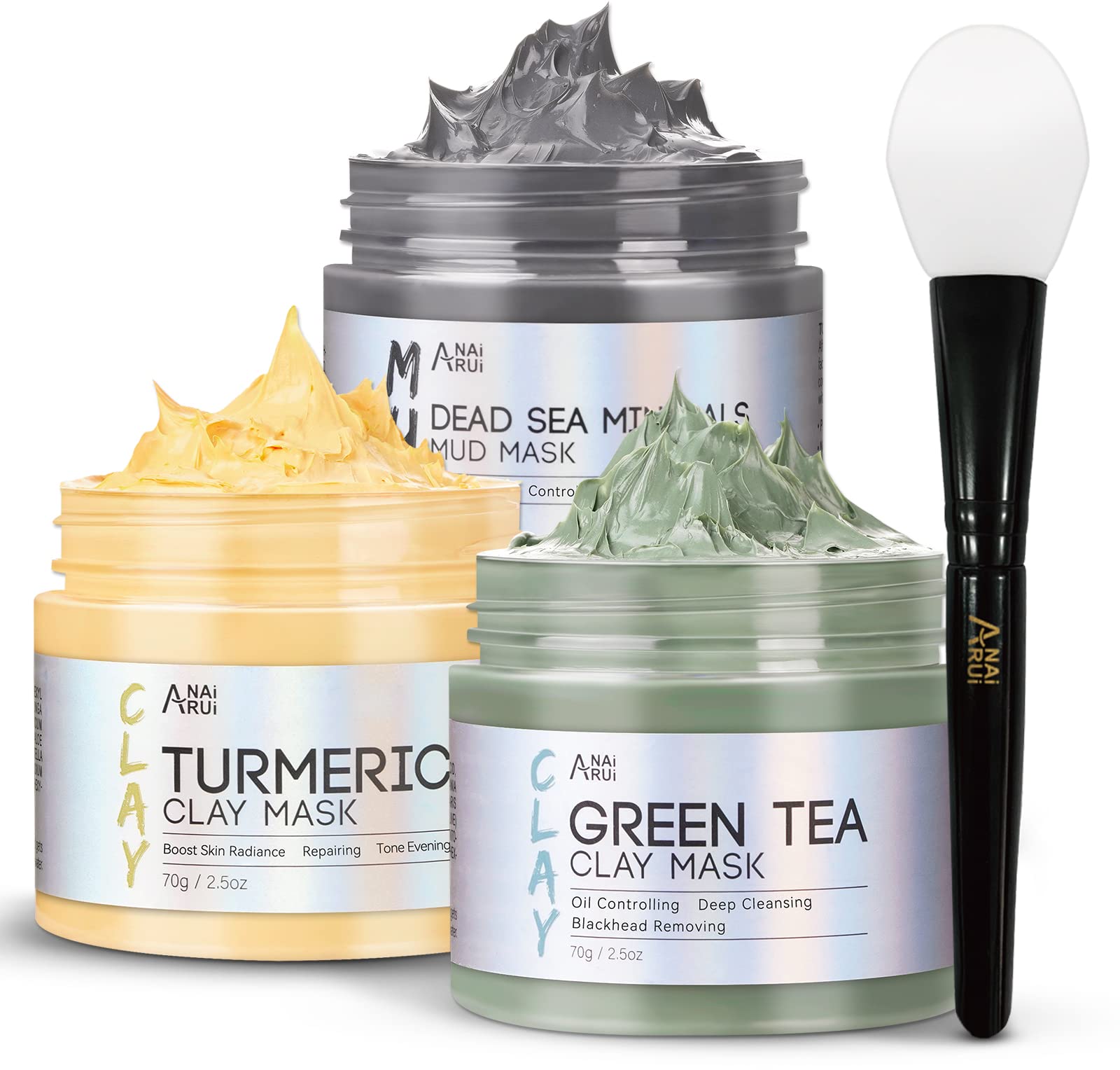 ANAiRUi Gesichtsmaske Set Kurkuma-Tonerde, Grüner Tee & Totes-Meer Schlamm 210 g