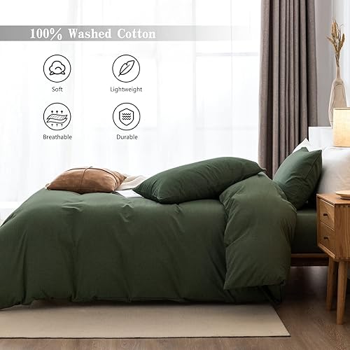 Miniatura 4 de Juego de funda de edredón tamaño Queen, 100% algodón lavado, 3 piezas, suave, cómodo, transpirable, elegante, ropa de cama de tacto de lino, 1 funda