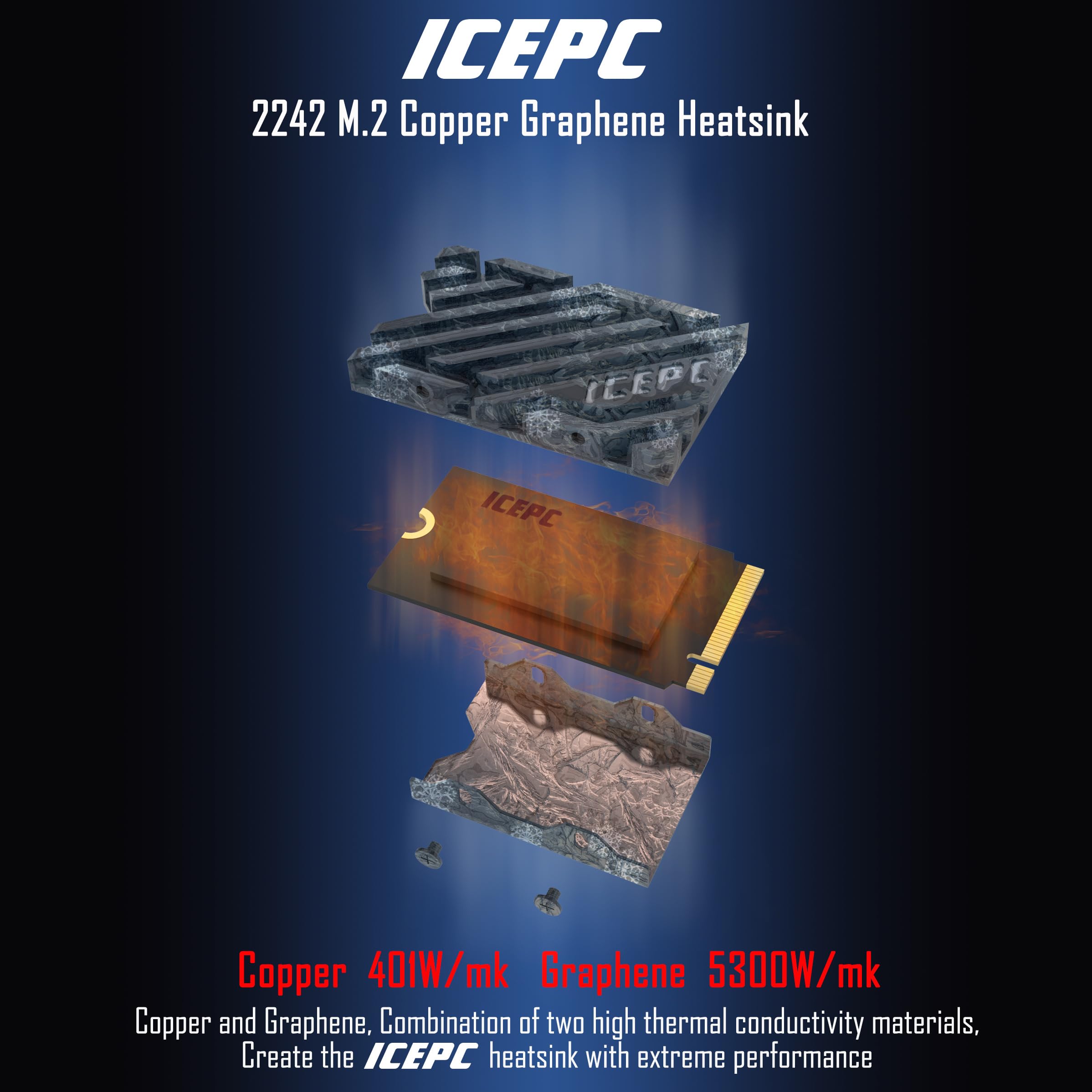 icepc M.2 NVME SSD 2242 Heatsink Copper Graphene Cooling Heatsink with Thermal Silicone Pad Full-Cover Efficient Radiator
