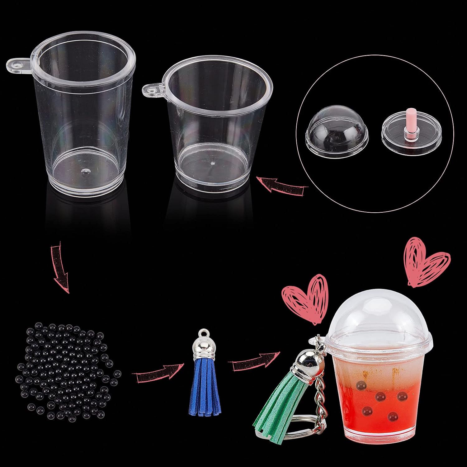 OLYCRAFT 302pcs Mini Milky Tea Keychain Accessories Bubble Tea Cream Glue Casting Kit Mini Cup Pendant Charms with Keychain Rings Tassels Bubbles Straws for Key Chain DIY and Earring Making