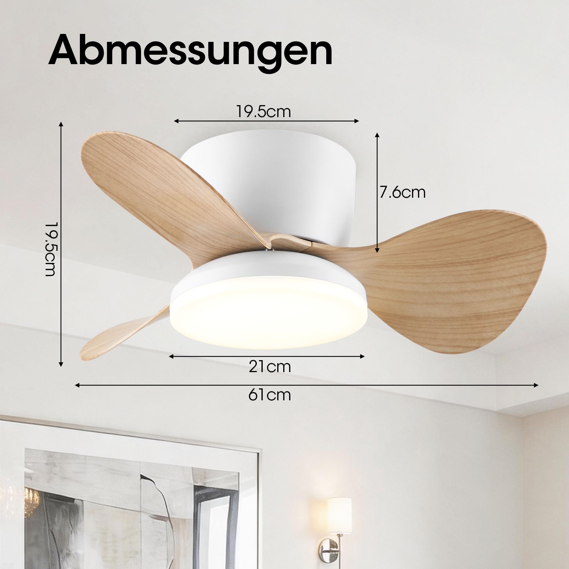 Parrot Uncle 61cm Ventilator Deckenleuchte, 3 ABS Flügel, 3 Farbtemperatur,6 Geschwindigkeiten Zeitschaltuhr,Sommer-Winter-Funktion,Fernbedienung Leise Dimm für Schlafzimmer Wohnzimmer, Holzmaserung