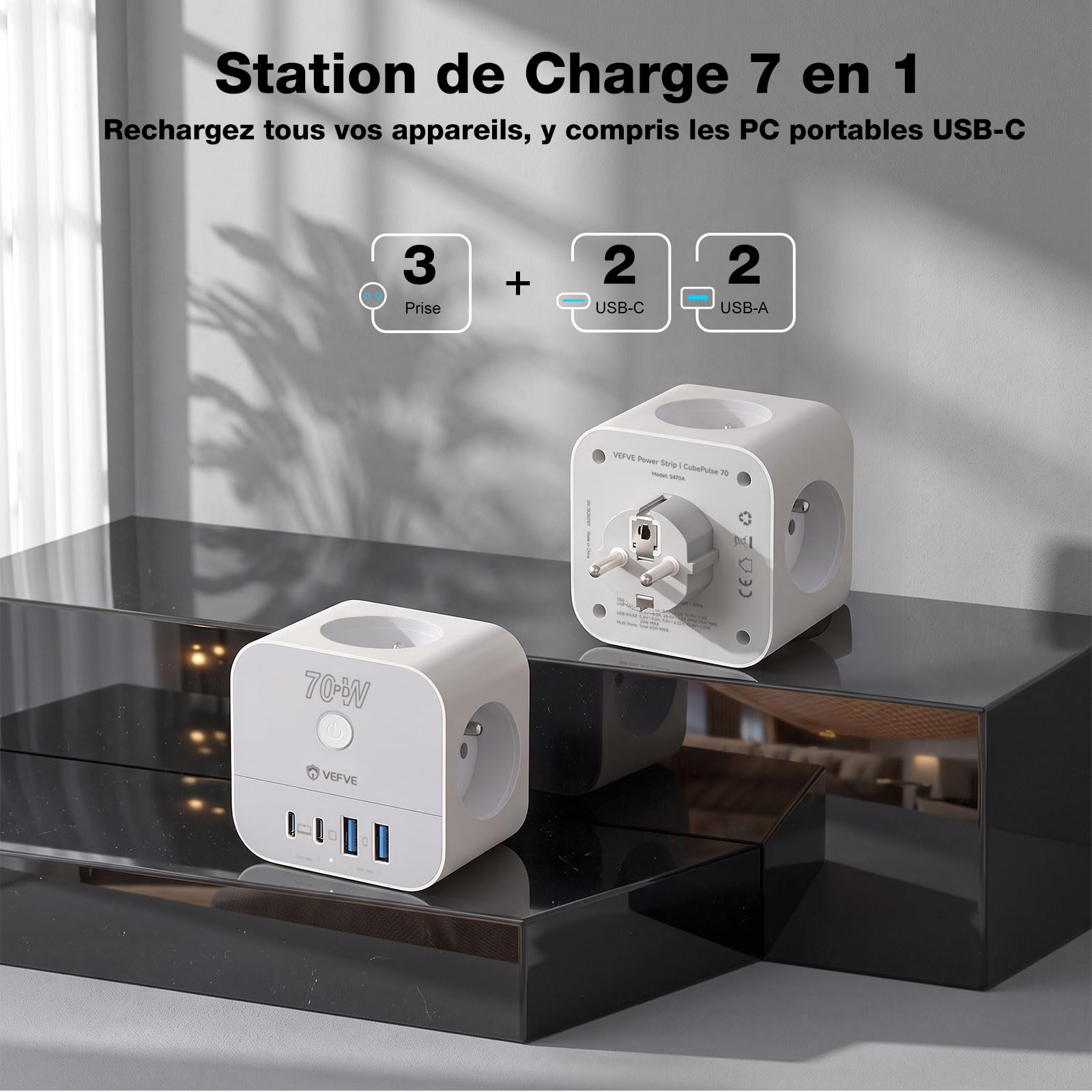 VEFVE Chargeur Rapide USB C 70W, Prise Multiprise Cube 7-en-1 avec Interrupteur, Technologie GaN III, Compatible Ordinateurs Portables, Tablettes et Smartphones
