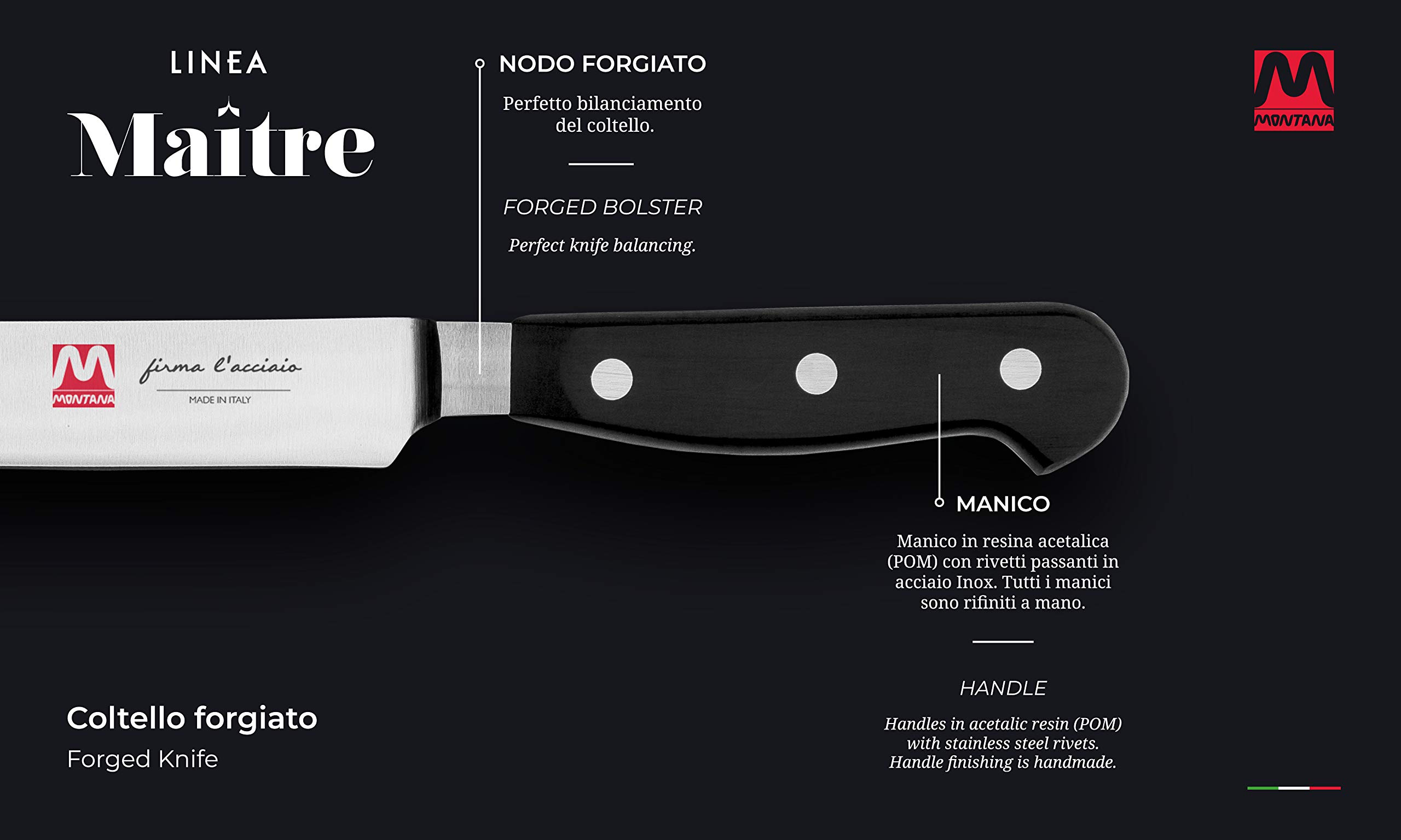 montana Maitre - Cuchillo de cocina para asar, cuchillo de cocina con hoja de acero inoxidable al azoto, 23 cm y mango ergonómico, cuchillos de cocina profesionales fabricados en Italia