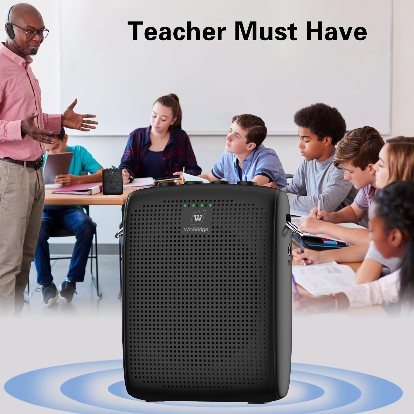 Amplificador de Voz inalámbrico WinBridge con Dos micrófonos de Auriculares Bluetooth, Altavoz portátil y micrófono para Profesores, megáfono portátil con Sonido Claro de 15W|2600mAh WB002 Plus