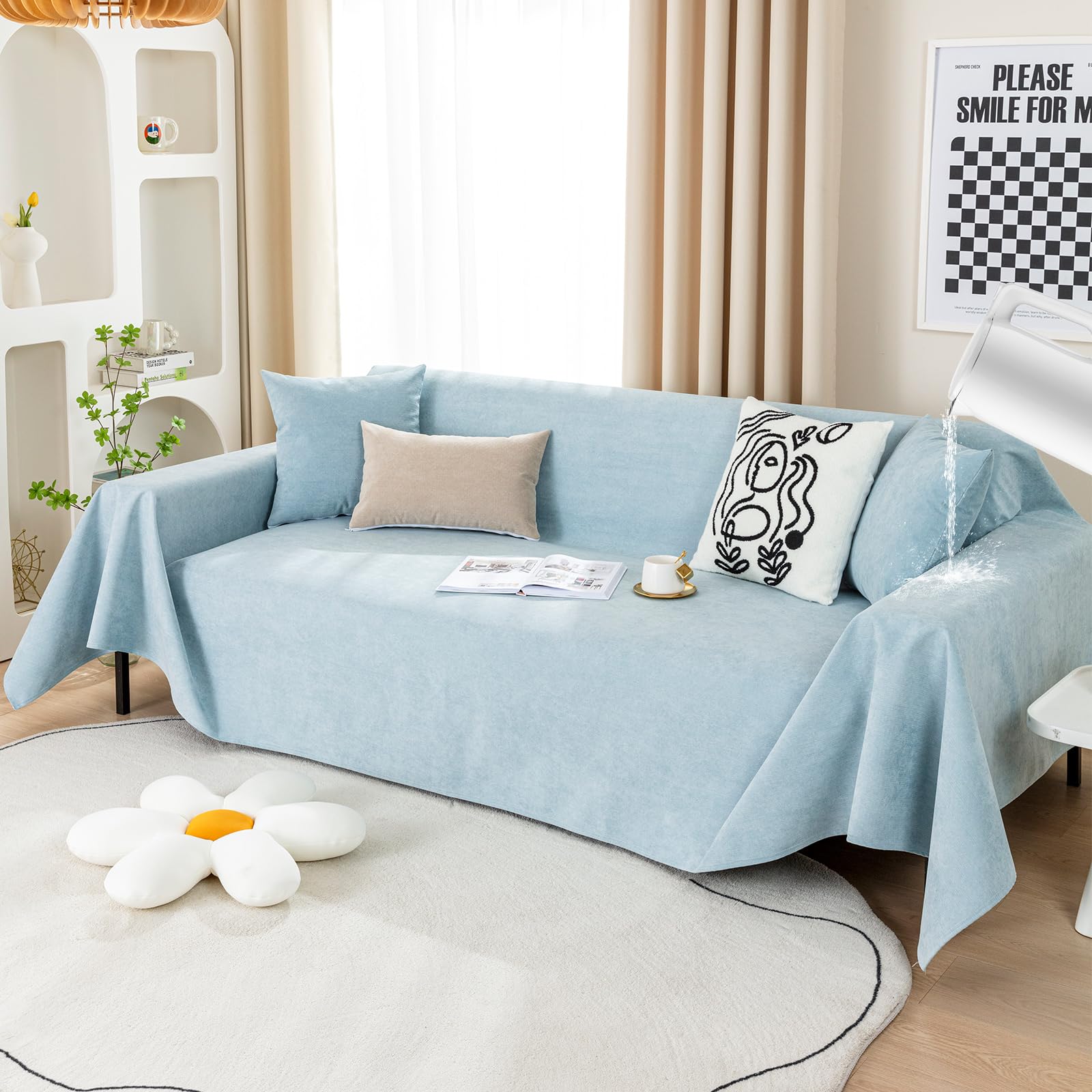 Spessore Tessuto Copridivano Antiscivolo Decorativo Universale Impermeabile Fodere Copridivani Slipcovers Divano Protector elasticizzati per Cani Gatti Letto 180 * 300cm-Blu Dell' acqua
