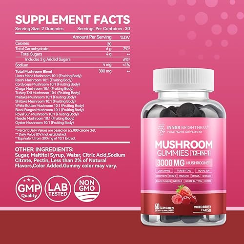 Miniatura 8 de Gomitas de hongos para adultos 12 en 1 Complejo de hongos de 3000 mg con melena de león, Reishi, Cordyceps Gomitas de enfoque para el cerebro, la