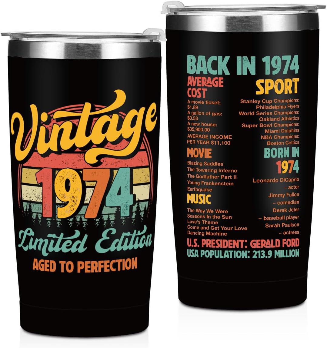 Vintage 1974, 53th Birthday Gifts for Men, 53th Birthday Decorations Tumbler, 20 Oz Stainless Steel Insulated Coffee Mug, Gifts for 53 Year Old Man Dad Grandpa, Travel Cup, Black Drinking Cup for Car
