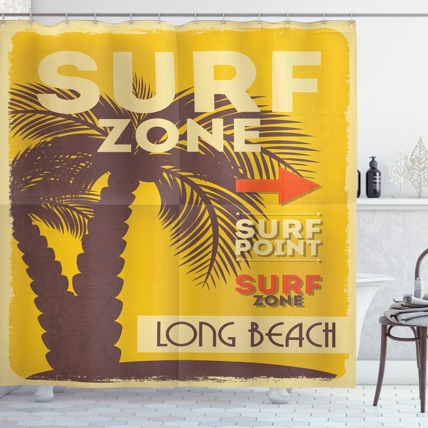 Ambesonne Retro Shower Curtain, Vintage Surf Poster with Palm Tree Beach Ocean Exotic Sports Graphic Print, Cloth Fabric Bathroom Decor Set with Hooks, 69" W x 70" L, Yellow Umber