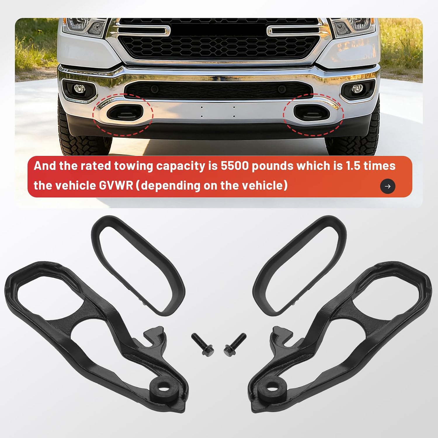 Left&Right Front Black Tow Hook Kit Compatible with 2019-2024 Ram 1500 DT W/Frames & Hardware Replacement for 68272944AB 68265144AA 68272945AB 68272945AA 68274701AB 68274702AA Steel+Plastic