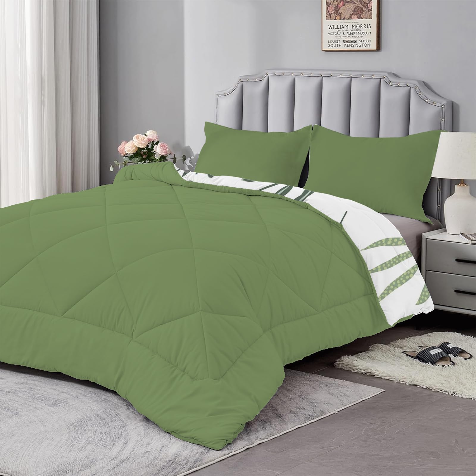 Set Trapunta, Piumone Leggero 170x230 cm in Microfibra Sintetico, Copriletto Singolo Estivo Primaverile con 2 Federa, Trapunta Double Face Foglie, Verde