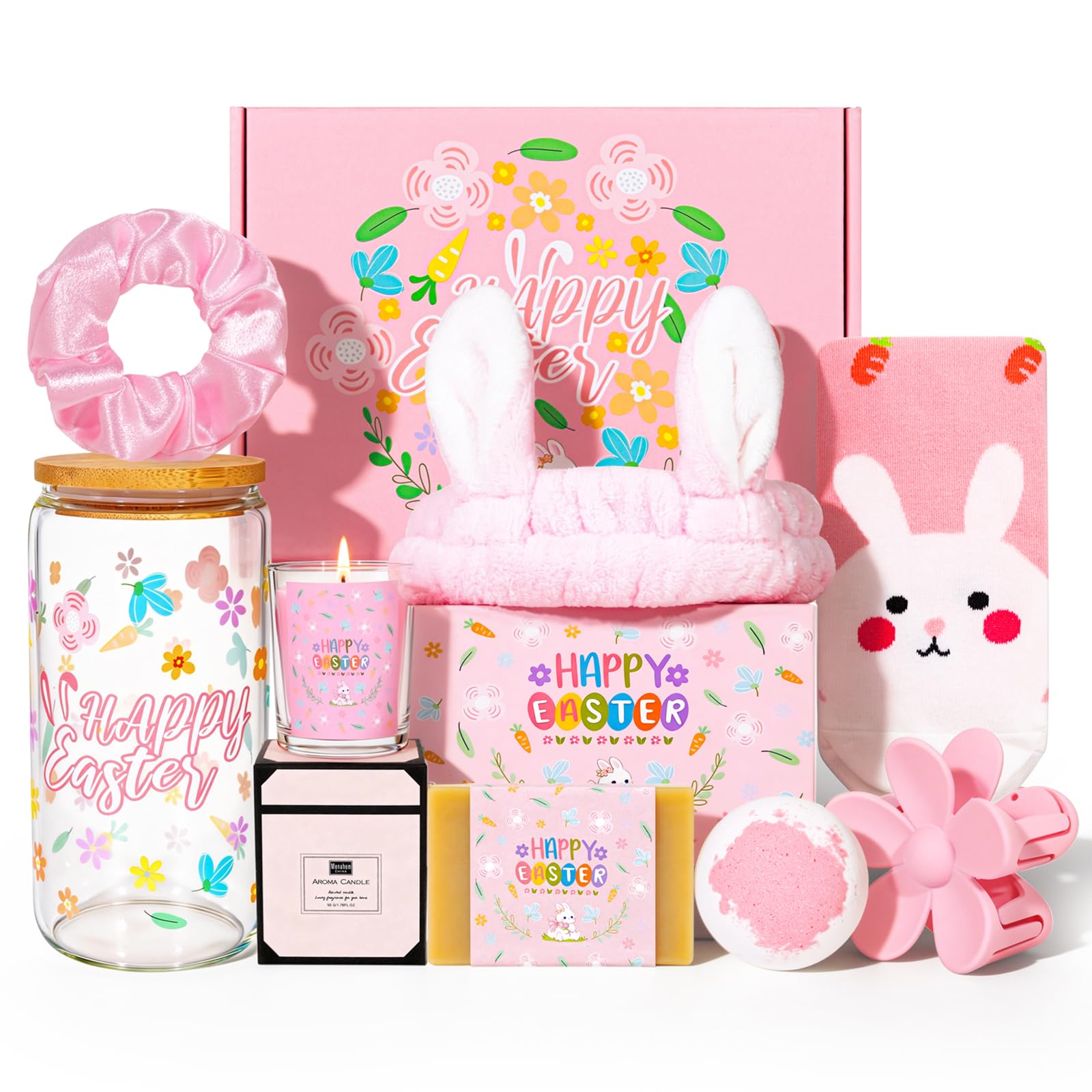 Honxicur Easter Gifts Set for Women Sister Teens Adults Stuff, Easter Basket Stuffers with 16oz Glass Cup, Scented Candles, Headband & Socks, Self Care Gifts for Women