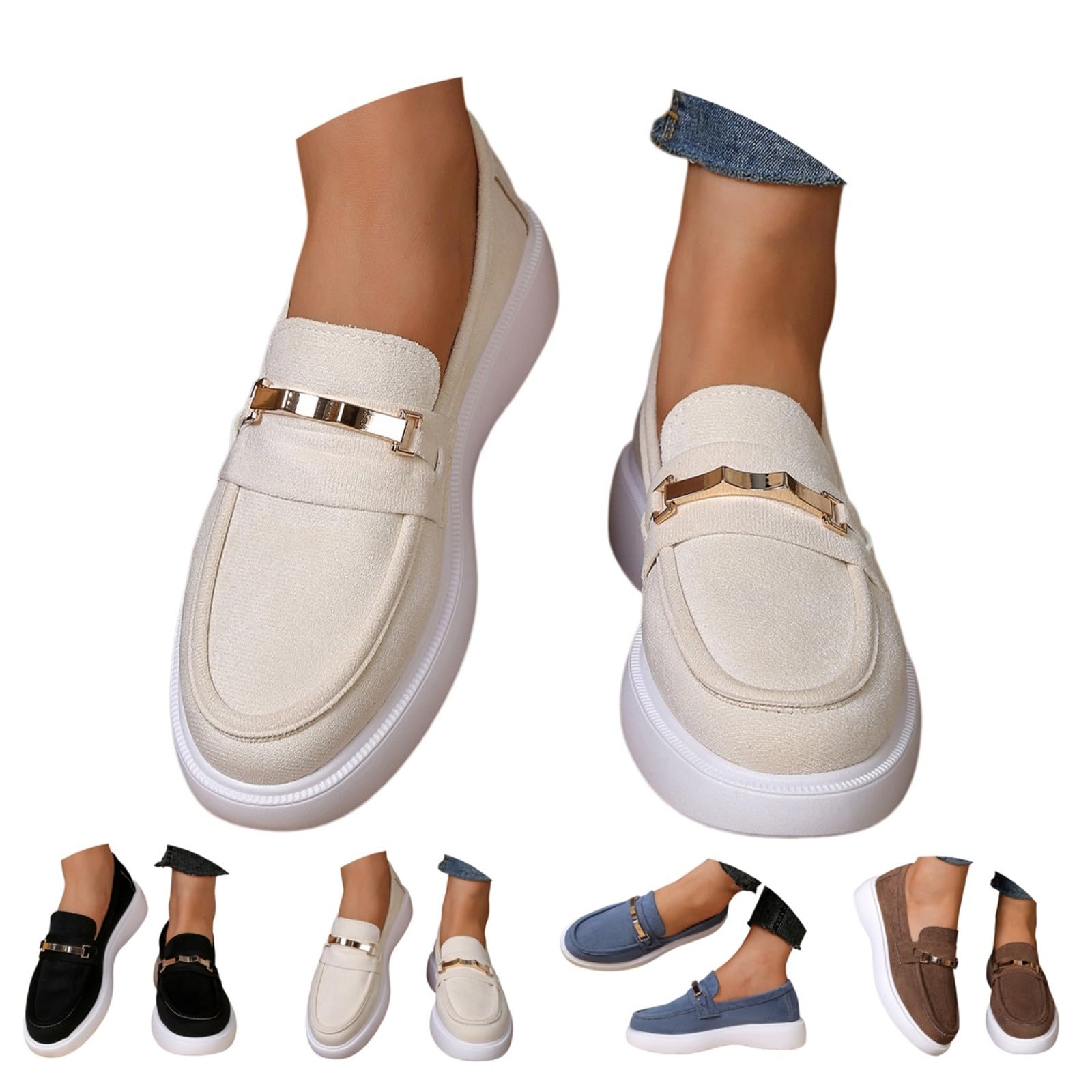 Mocassini classici da donna in metallo, con plateau, in finta pelle scamosciata, senza lacci, stile casual, per ufficio e guida, Beige, 40 EU