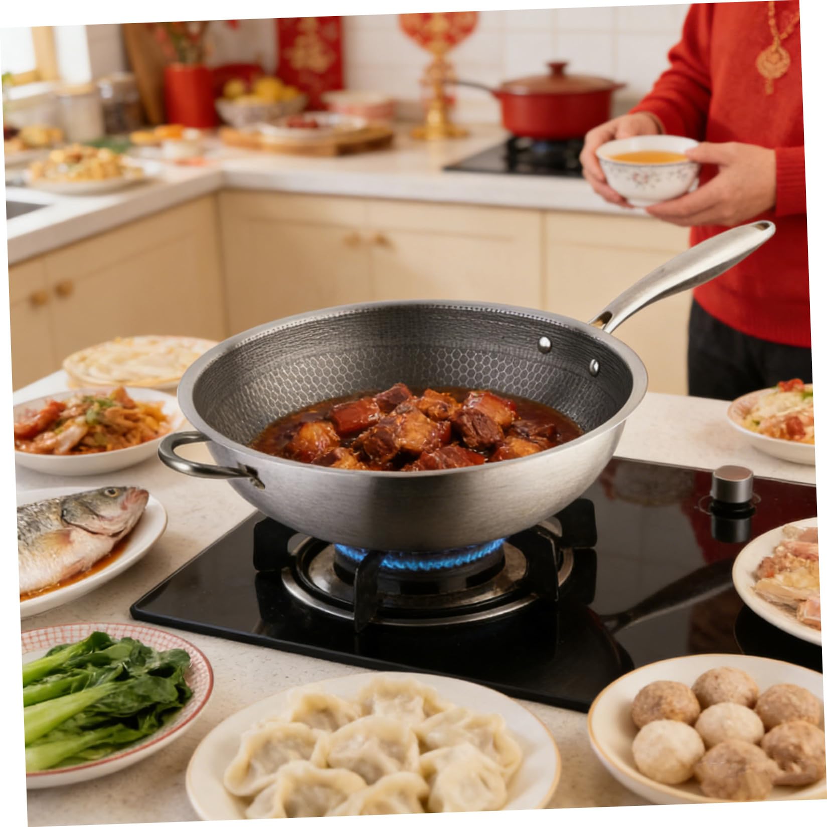 Wok Antiadhésif en Acier Inoxydable Nid Abeille 36cm Cuisine