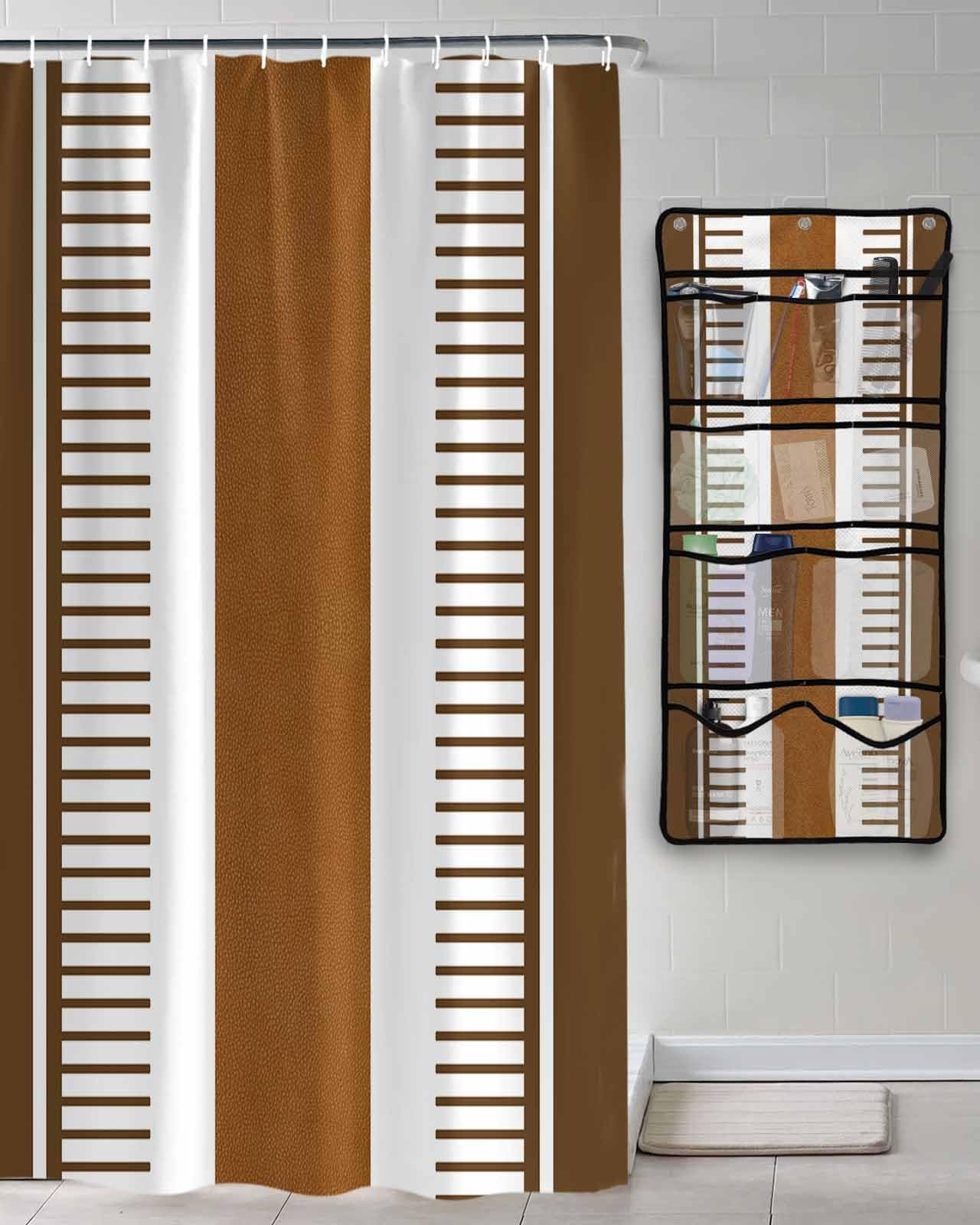 TocaHome Decorative Shower Curtain Sets Boho Polyester Fabric Waterproof Bath Shower Curtains Farmhouse Geometric Line Brown Mesh Shower