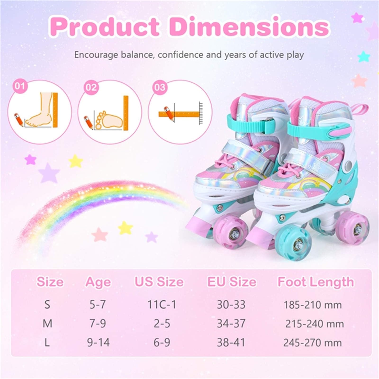 HOMASIS Patin a Roulette avec 4 Tailles Ajustables, 8 Roues Lumineuses, Freins Doubles TPR&Amortissement, Rollers Quad pour Adolescents & Débutants