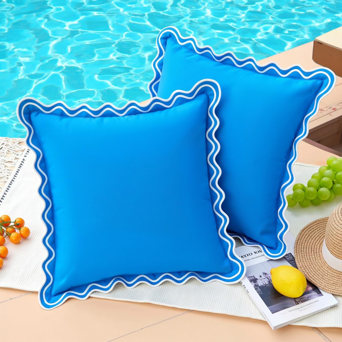 JOJOGOGO 18x18 Light Blue Scalloped Outdoor Throw Pillow Covers Waterproof & Sunproof Set of 2, Embroidered Blue Beach Coastal Decorative Outdoor