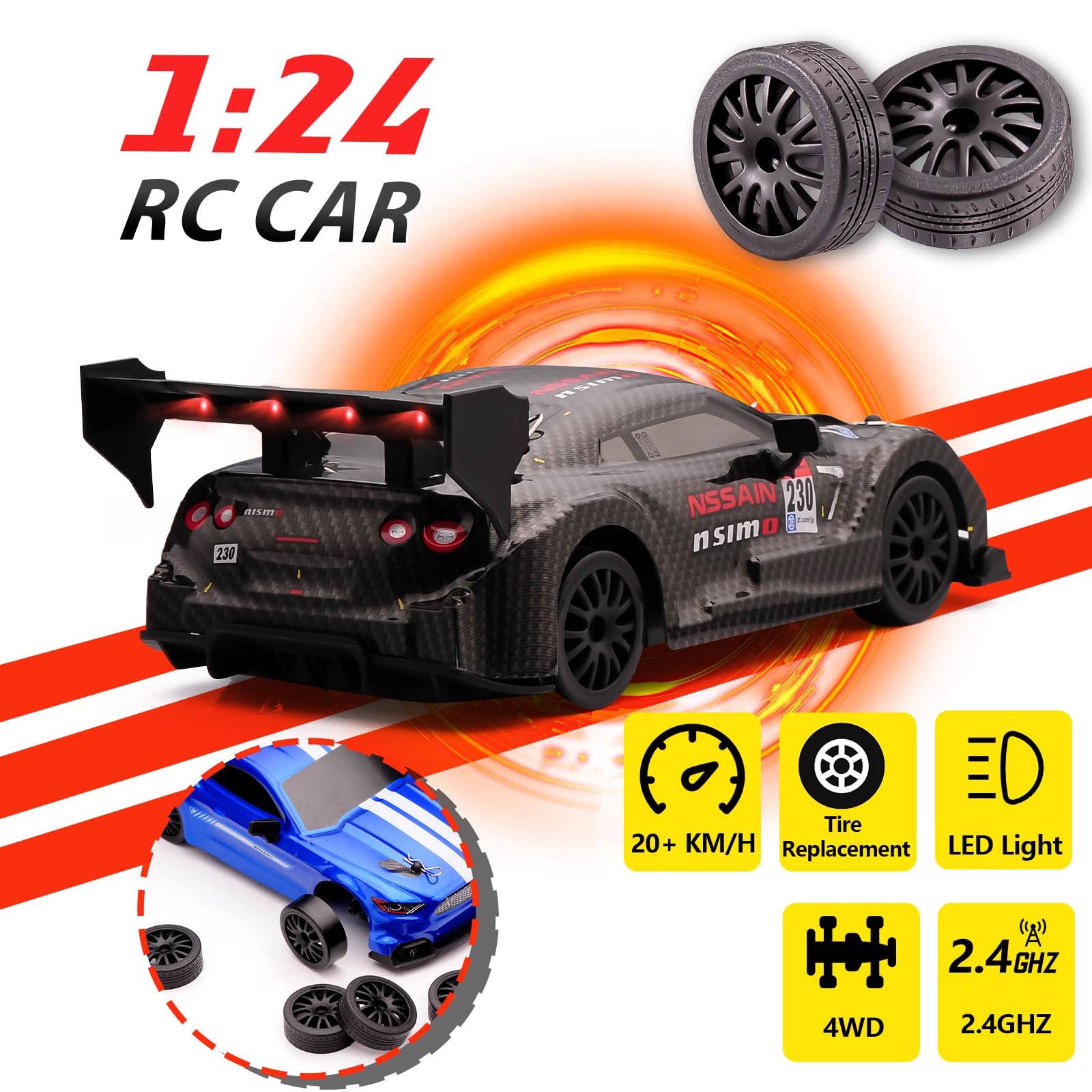 1:24 Scale RC Drift Car,4WD 2.4GHz High Speed Racing Hobby Sport Toy Car Vehicle with LED Lights,Racing and Drift Wheels for Adult Boys Girls Kids Gift (8601-Black)