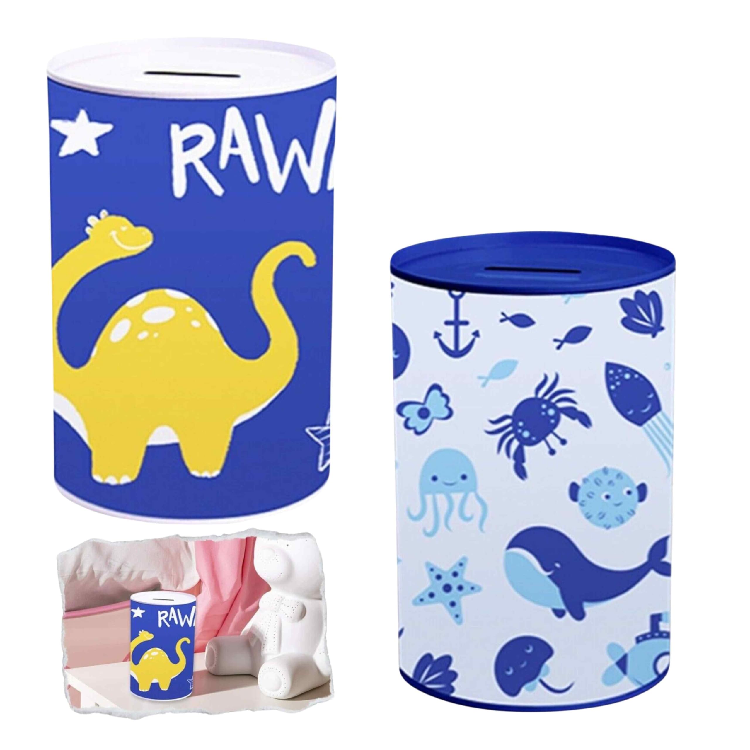 2Pcs Metal Piggy Bank Tins with Whale and Dinosaur Design, Kids Coin Bank Tinplate Money Banks 15cm, Money Saving Box Coin Jar Container for Kids Childrens Gifts Home Decoration