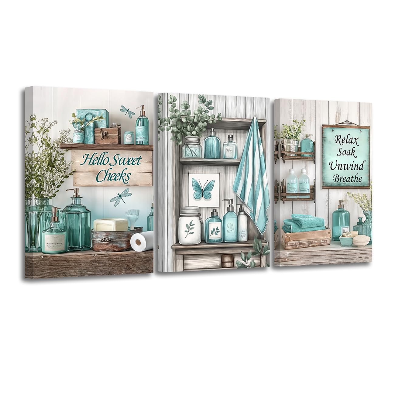CXHOSTENT 3Pcs Teal Bathroom Picture Wall Decor Turquoise Wall Art Rustic Bathroom Sign Canvas Prints Farmhouse Toilet Paintings for Washroom Decor Framed (Teal, 24x36inchx3 Pieces)