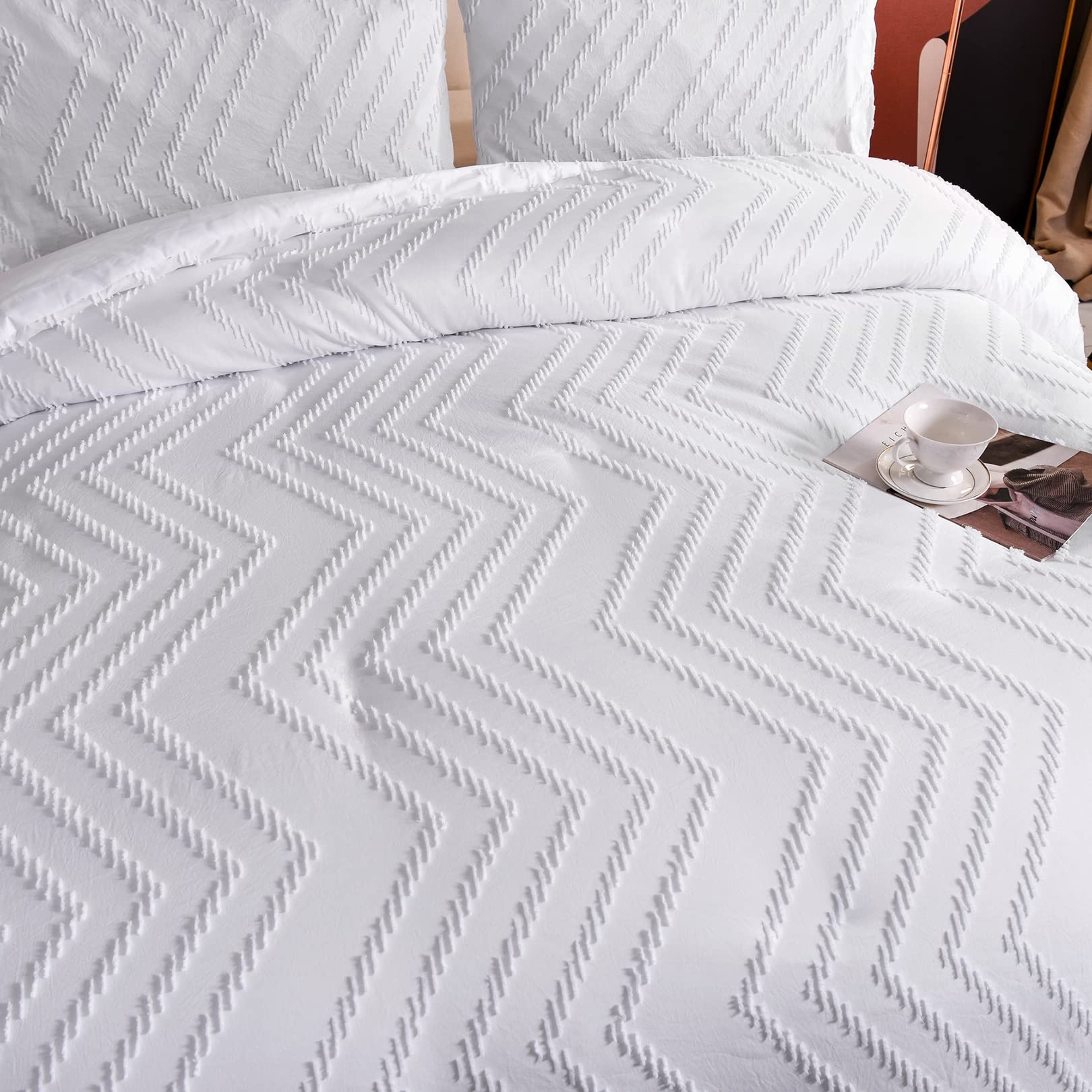 ALEjon Juego de Funda Nórdica Plisada 220x240cm con Diseño Geométrico - Microfibra - Blanco - 3 Piezas: 1 Funda Nórdica y 2 Fundas Almohada - 230x260cm