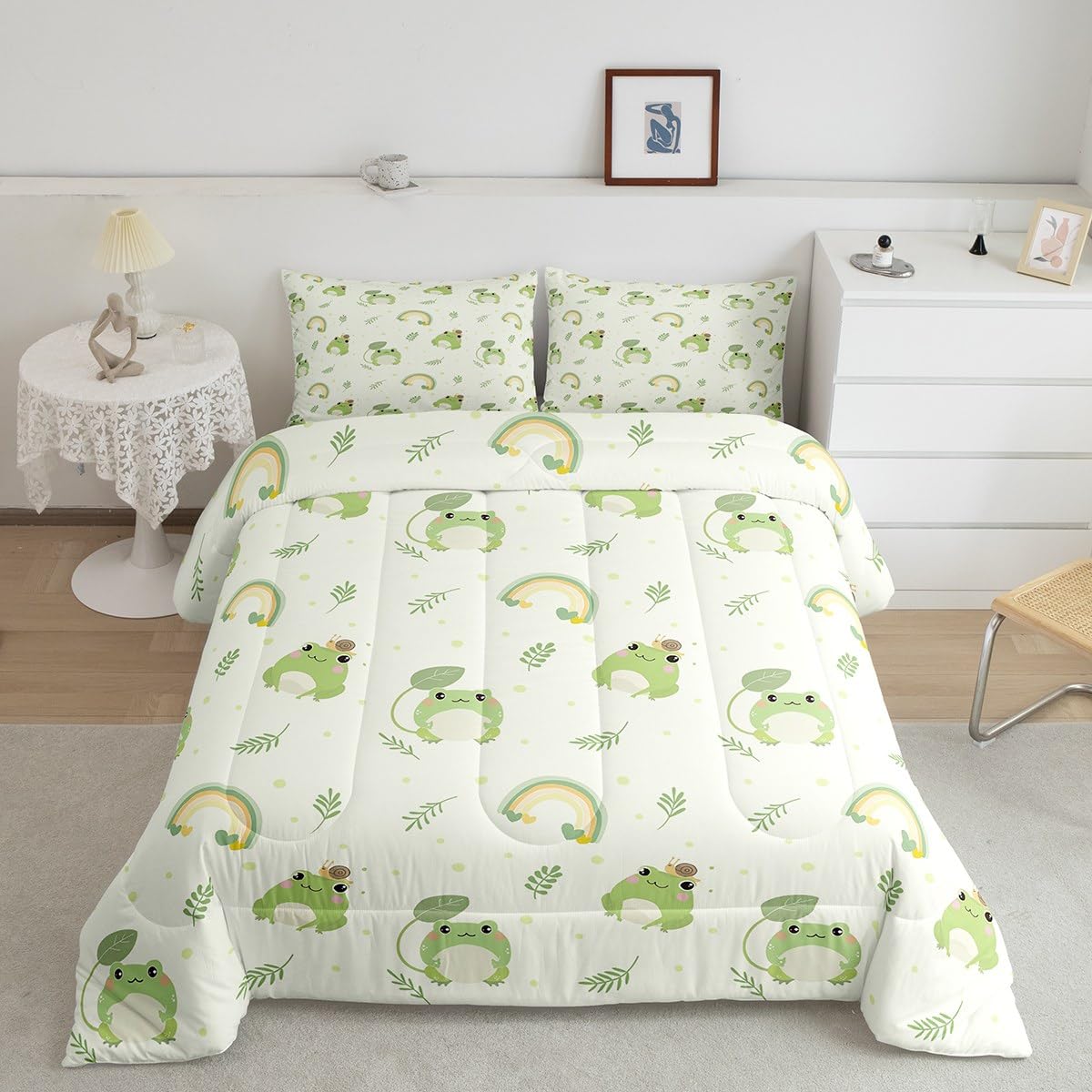 Homewish Cute Frog Comforter Set Twin Size Rainbow Palm Leaf Bedding Set 2pcs for Kids Girls Boys Teens Room Decor Cartoon Animals Plants Quilt Set