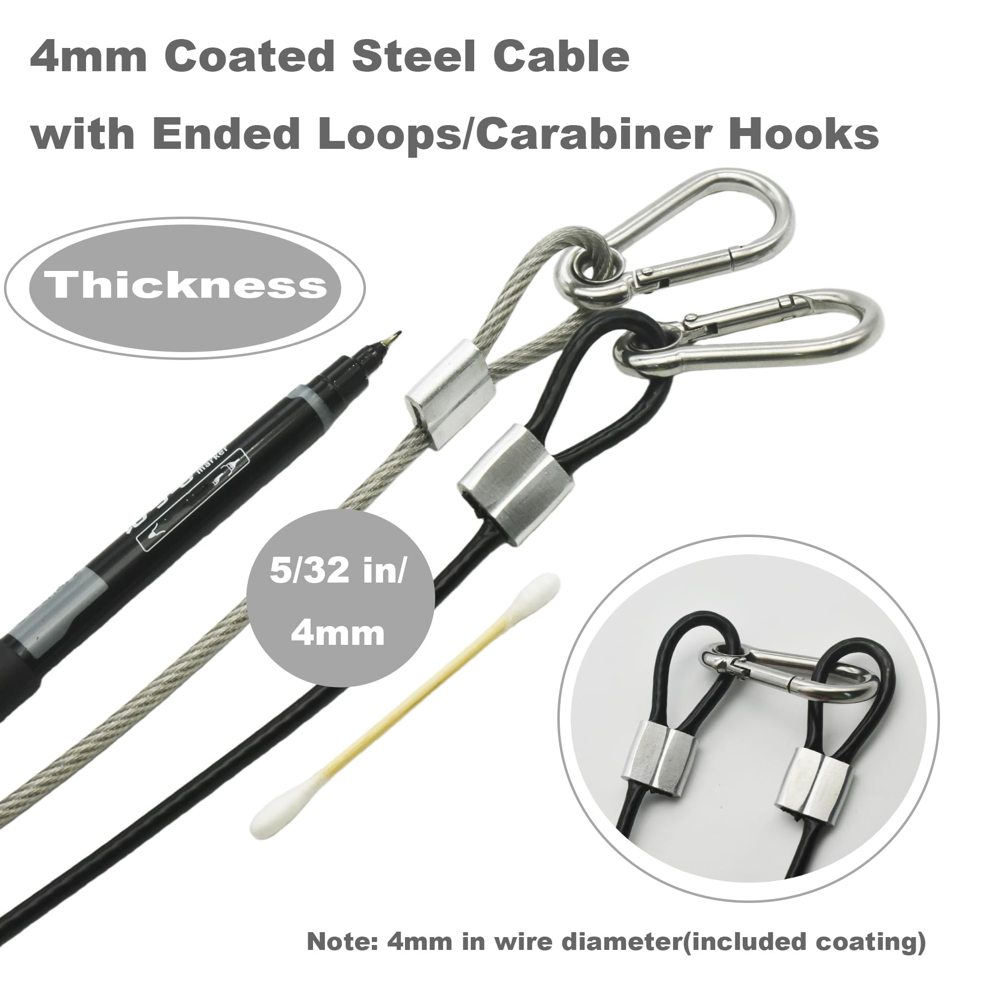 10 Stück 30 cm lange Vinyl-Überzug beschichtete Edelstahl-Drahtseile mit Schlaufen und Karabinerhaken, kurzes Sicherheitsseil, Schlüsselband, 4 mm dick, Schwarz