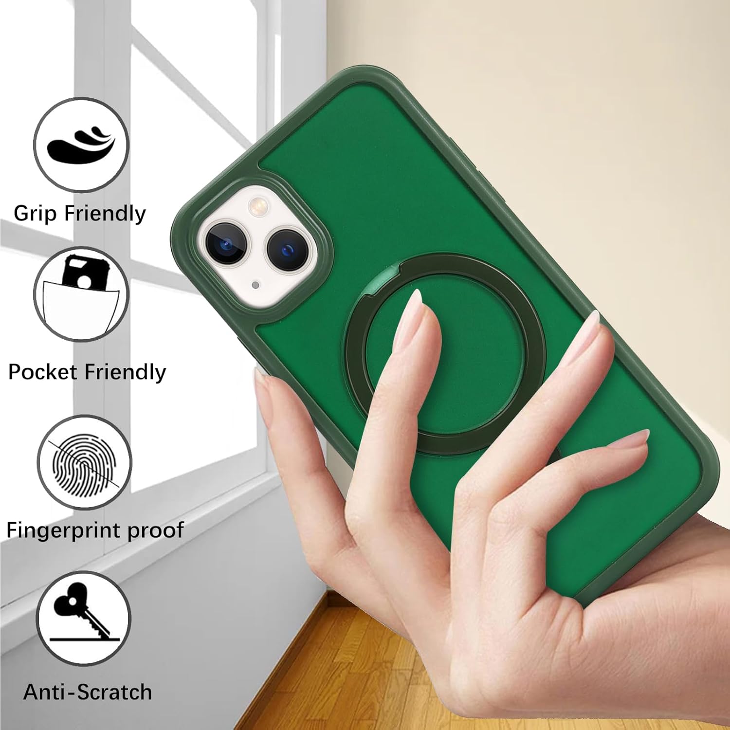 for iPhone 14 Case with Magnetic Ring Stand and Built-in Screen Protector,for Apple iPhone 13 Phone Cases with 360 Full Body Protective and magsafe for Men Women Gril-Dark Green - Image 5