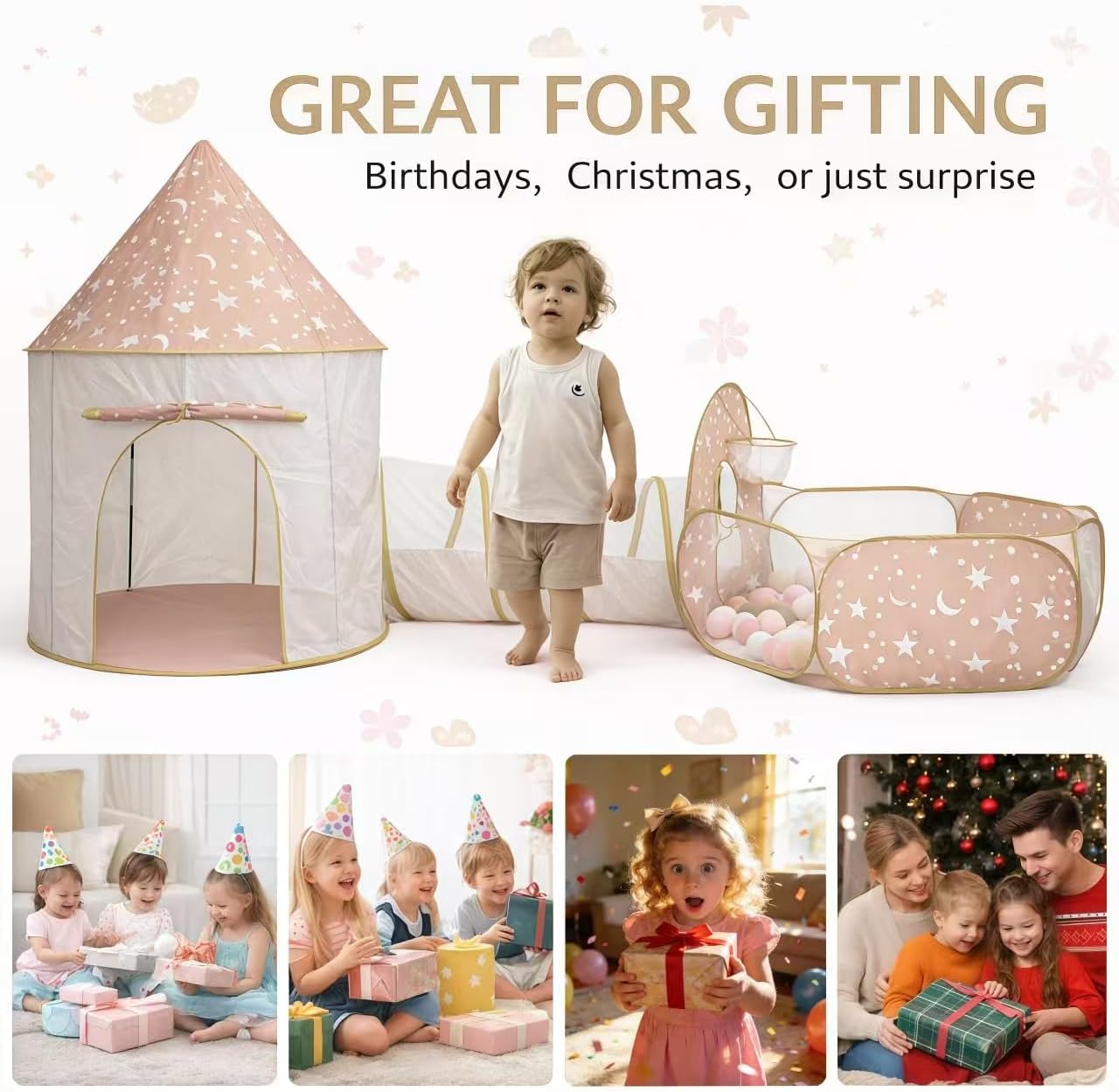 3 in 1 Kids Play Tent with Tunnel, Pop Up Play Tent with Ball Pits for Toddlers Tunnel Toys for Toddlers 1 2 3 Year Birthday Gift, Toddler Tents Indoor/Outdoor Playhouse