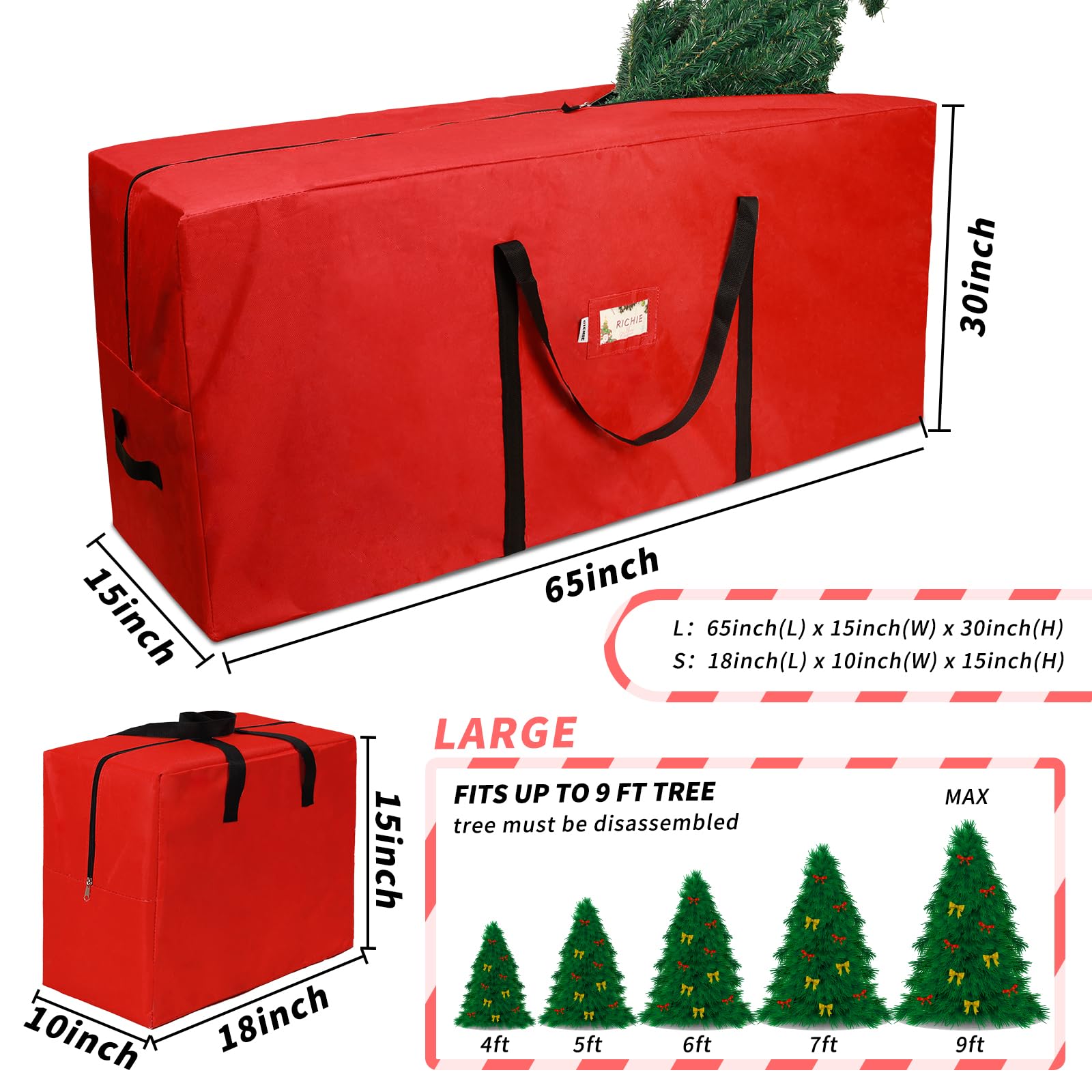 RICHIE Lot de 3 sacs de rangement pour sapin de Noël de 2,7 m, convient aux arbres artificiels jusqu'à 2,7 m, sac Oxford 600D indéchirable, poignées renforcées, fermeture éclair et durable, sacs de
