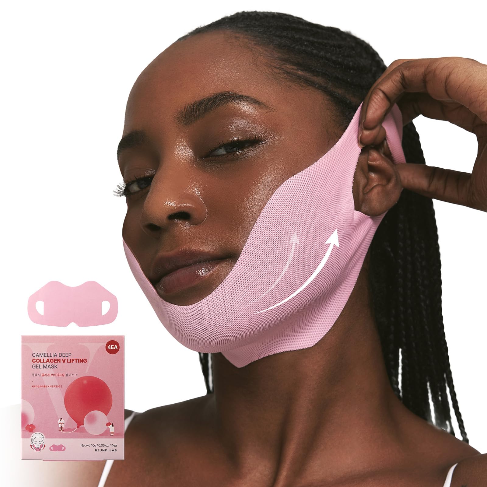 ROUND LAB Camellia Deep Collagen V Lifting Gel Mask 4ea | Double-chin Turkey Neck Instant Face Lifting Mask, Cooling and Depuffing Face Toning Belt,