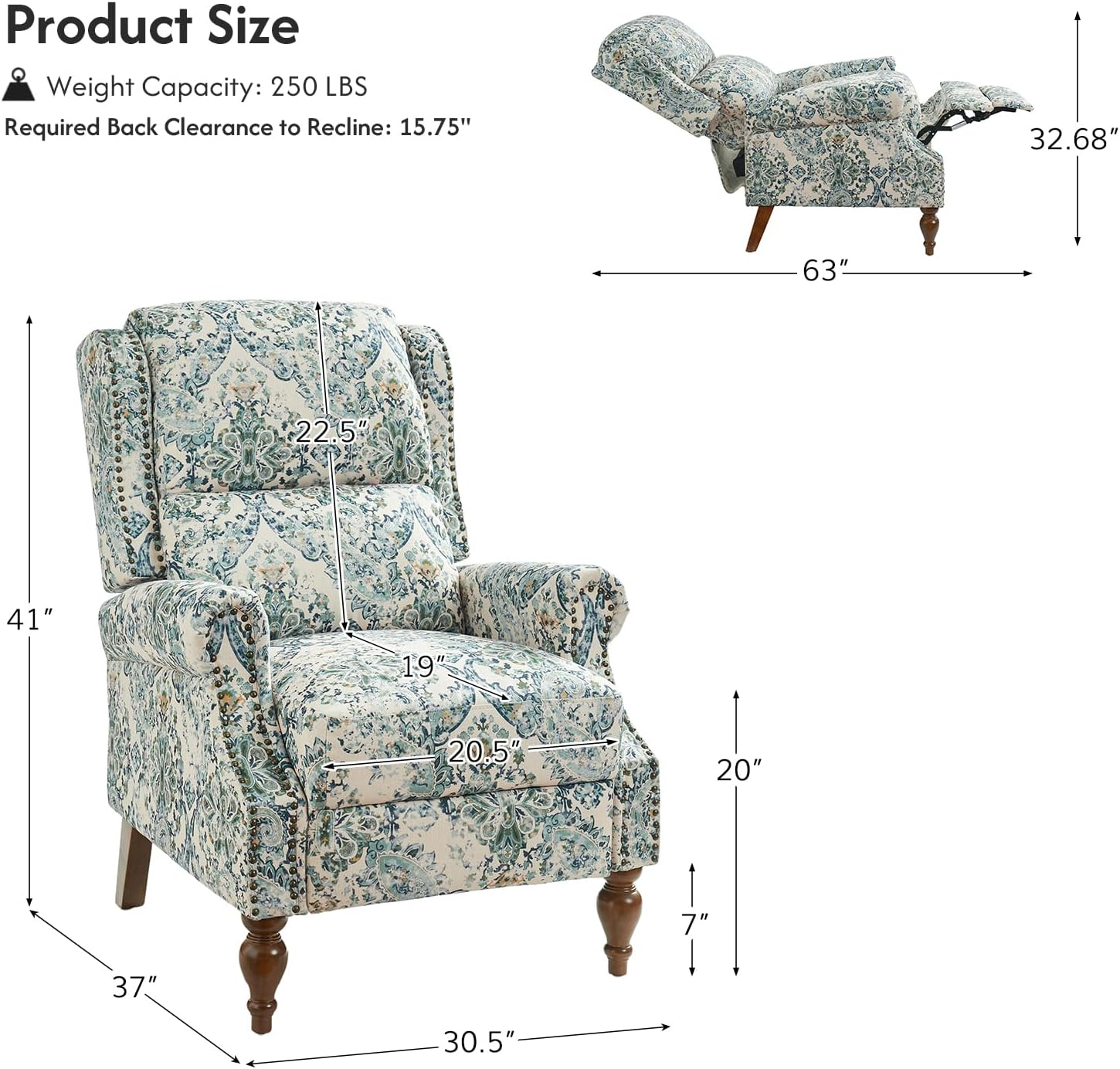 Pushback Recliner Chair, Upholstered Floral Fabric Wingback Chair, Single Sofa Accent Chair with Wood Legs and Rivet Decoration for Living Room Bedroom, Blue