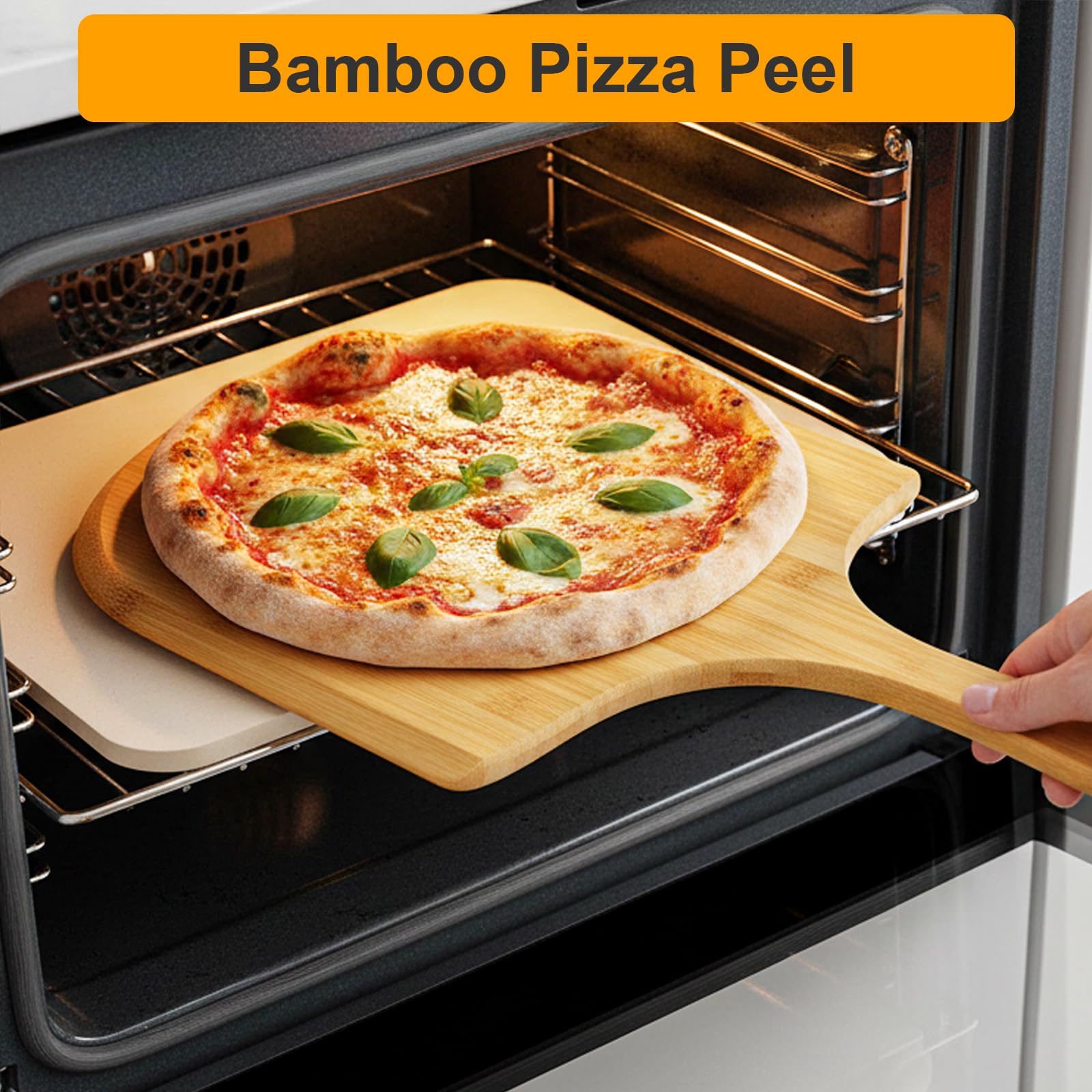 Pizzastein Set, 38x30cm Pizza Stein Rechteckig für Backofen, Gasgrill & Grill mit Pizzaschaufel aus Bambus, Pizzamesser, Antihaft-Backpapier Pizza-Zubereitungsset für knusprige Böden